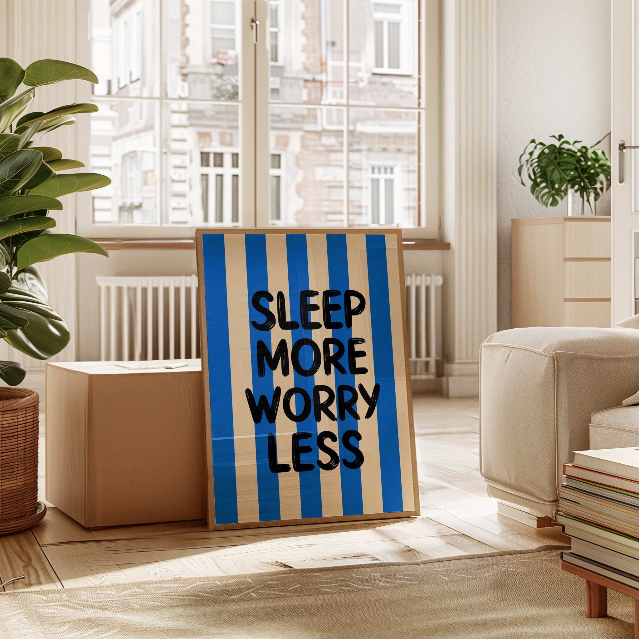 Sleep More Worry Less Print: Motivational Bedroom Art - interior