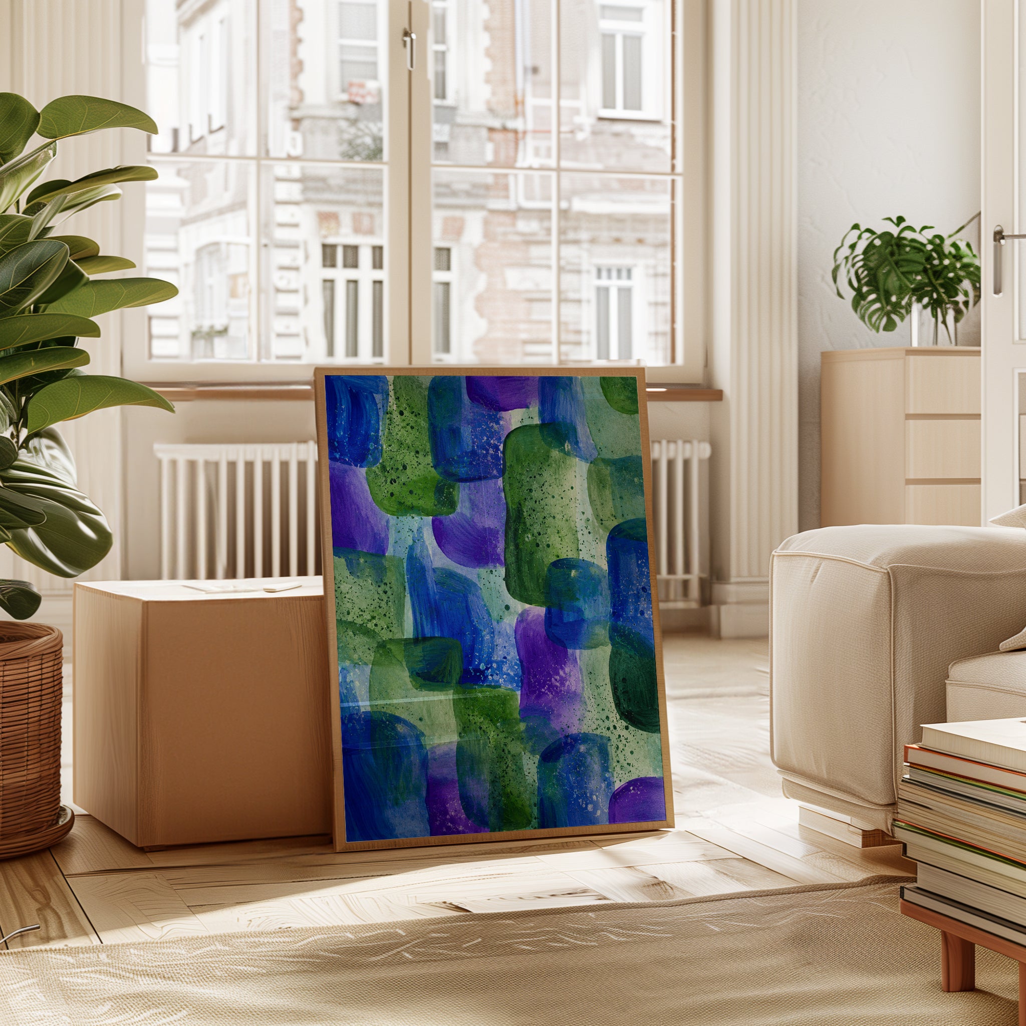 Abstract Organic Shapes Wall Art: Blue Purple Green Watercolor - interior