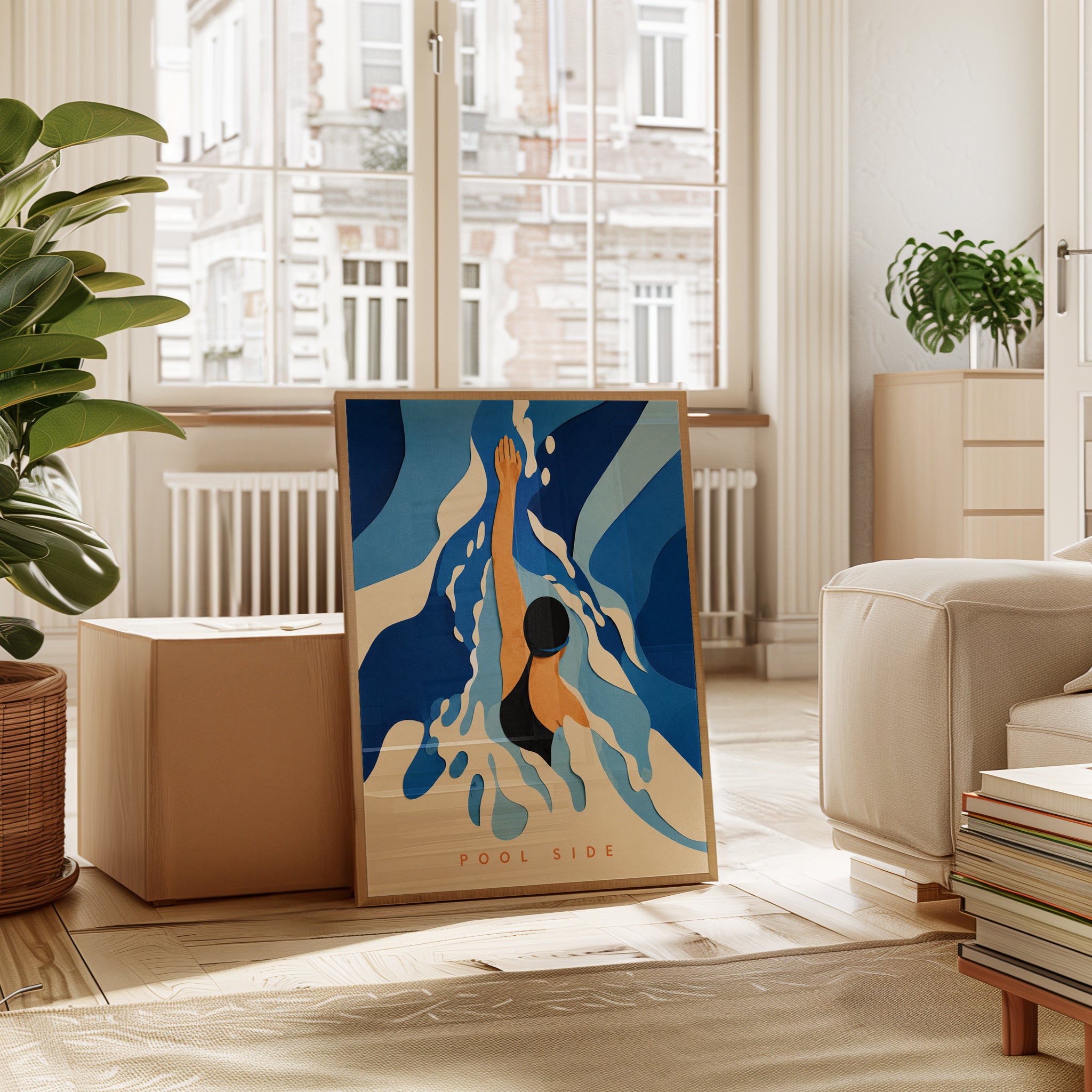 Pool Side Swimmer Art Print: Mid Century Modern Blue Abstract - interior