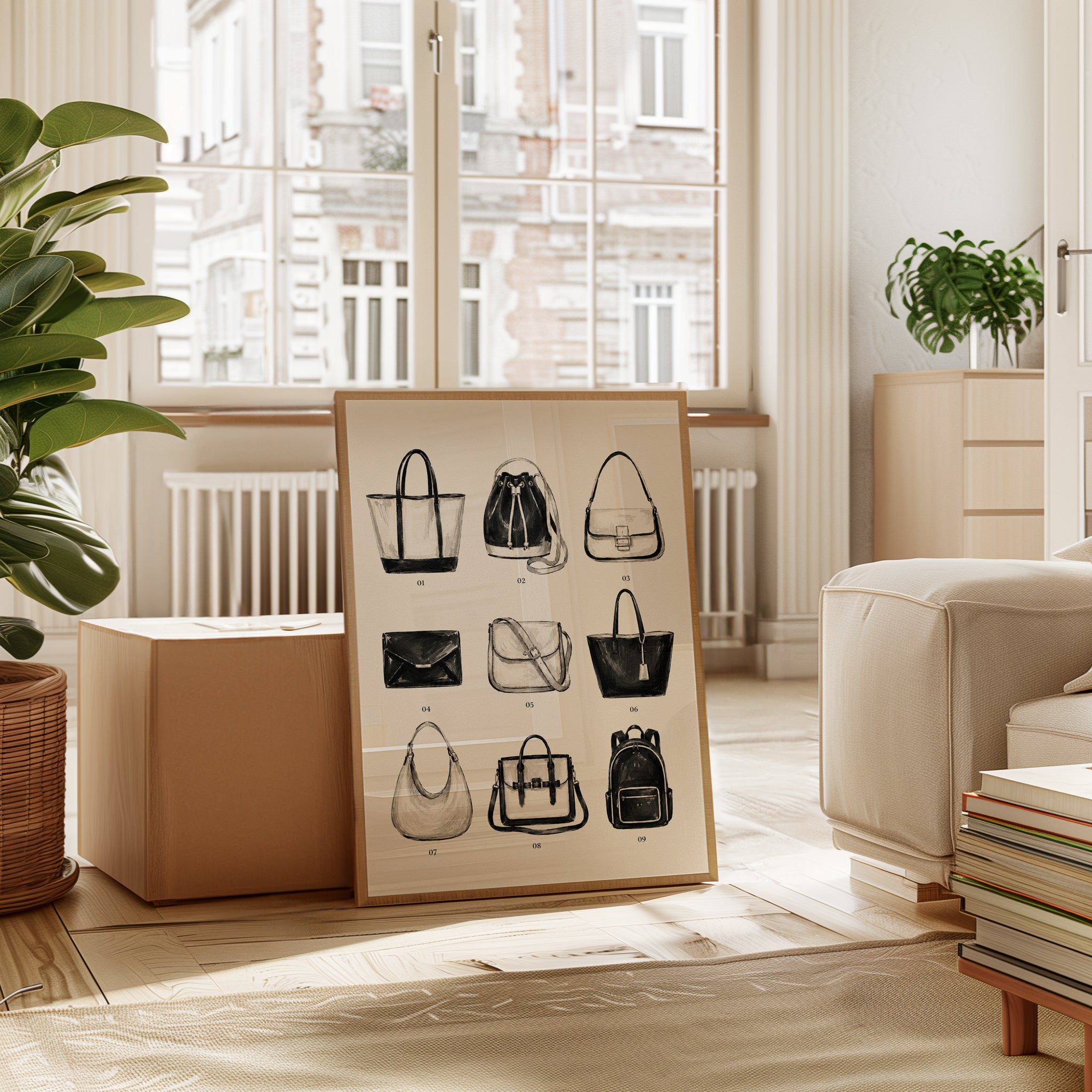 Fashion Handbag Collection Art Print: Black and White Study - interior