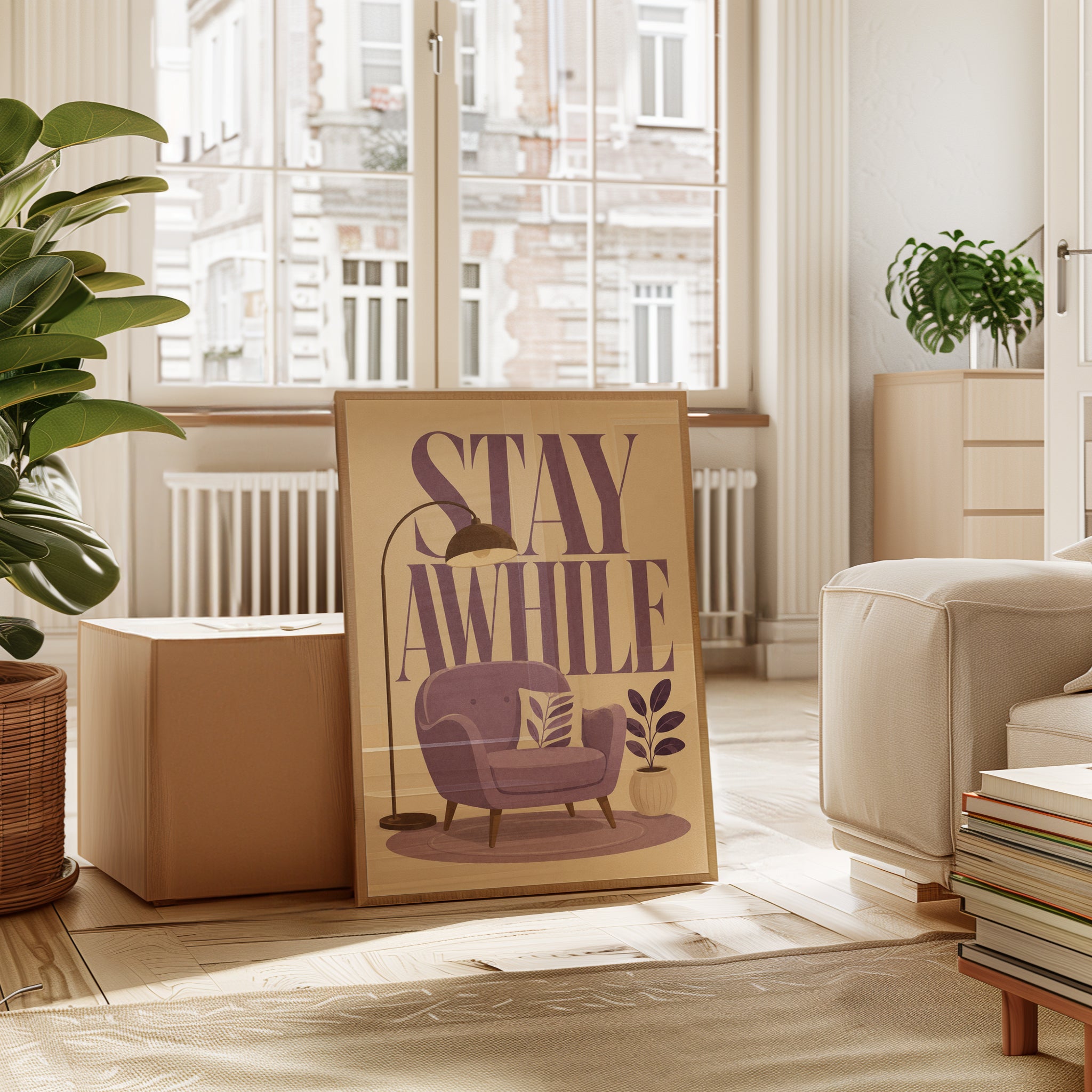 Stay Awhile Retro Lounge Art Print: Mid Century Modern Purple - interior