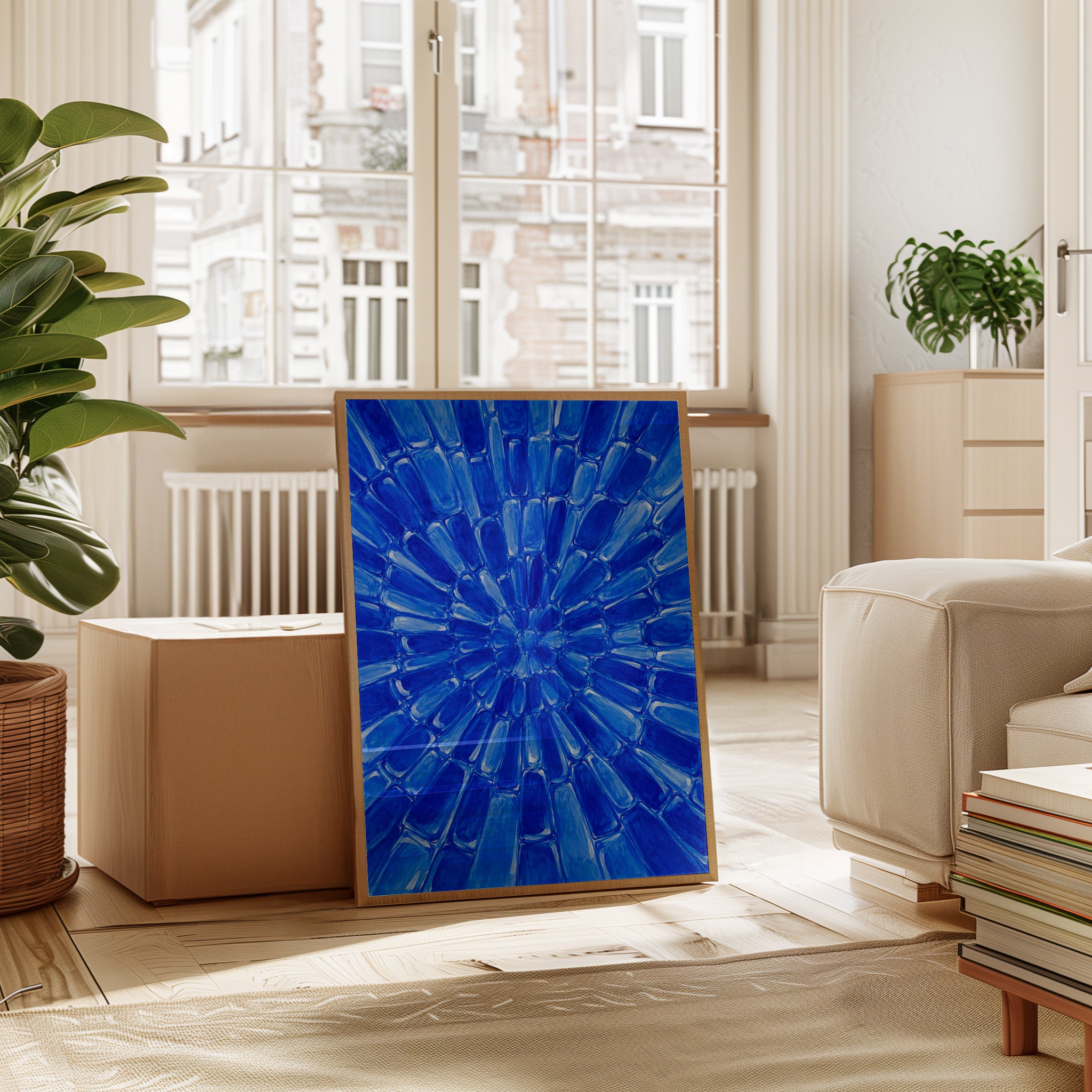 Blue Glass Radial Pattern Art Print: Abstract Geometric Design - interior