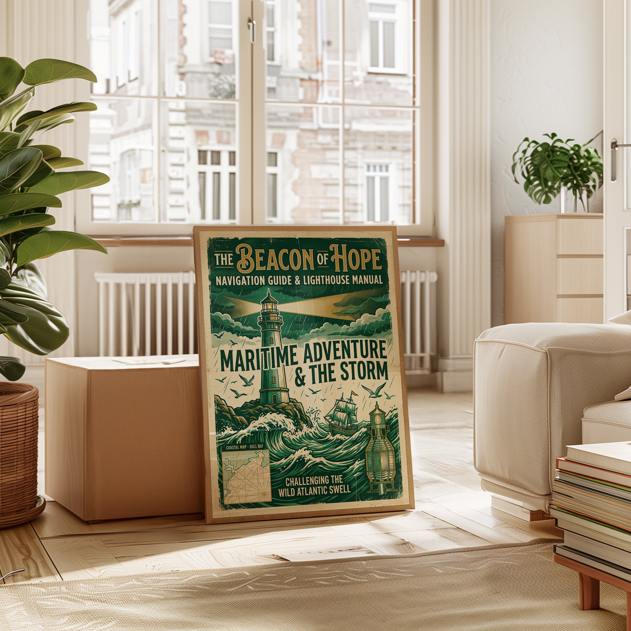 Vintage Lighthouse Poster: Nautical Maritime Green Gold Art Print - interior