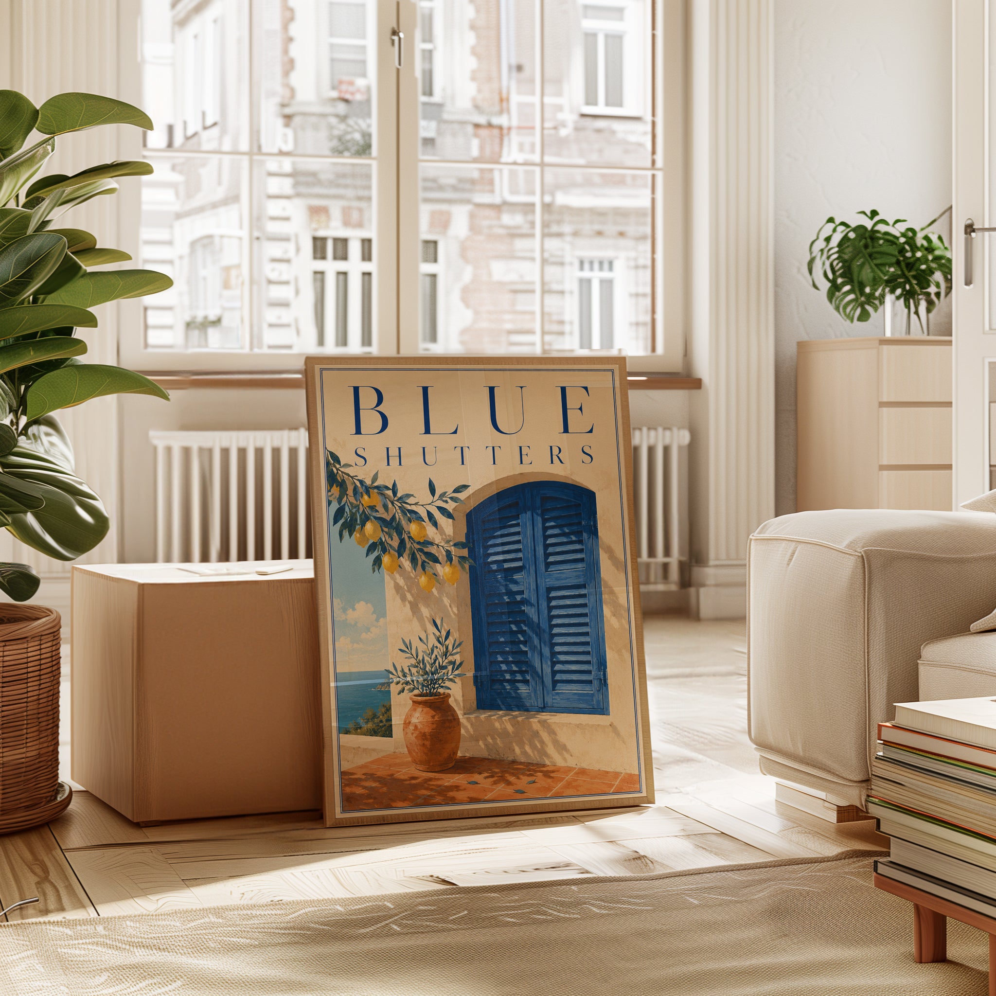 Mediterranean Blue Shutters Print: Coastal Village Wall Art - interior