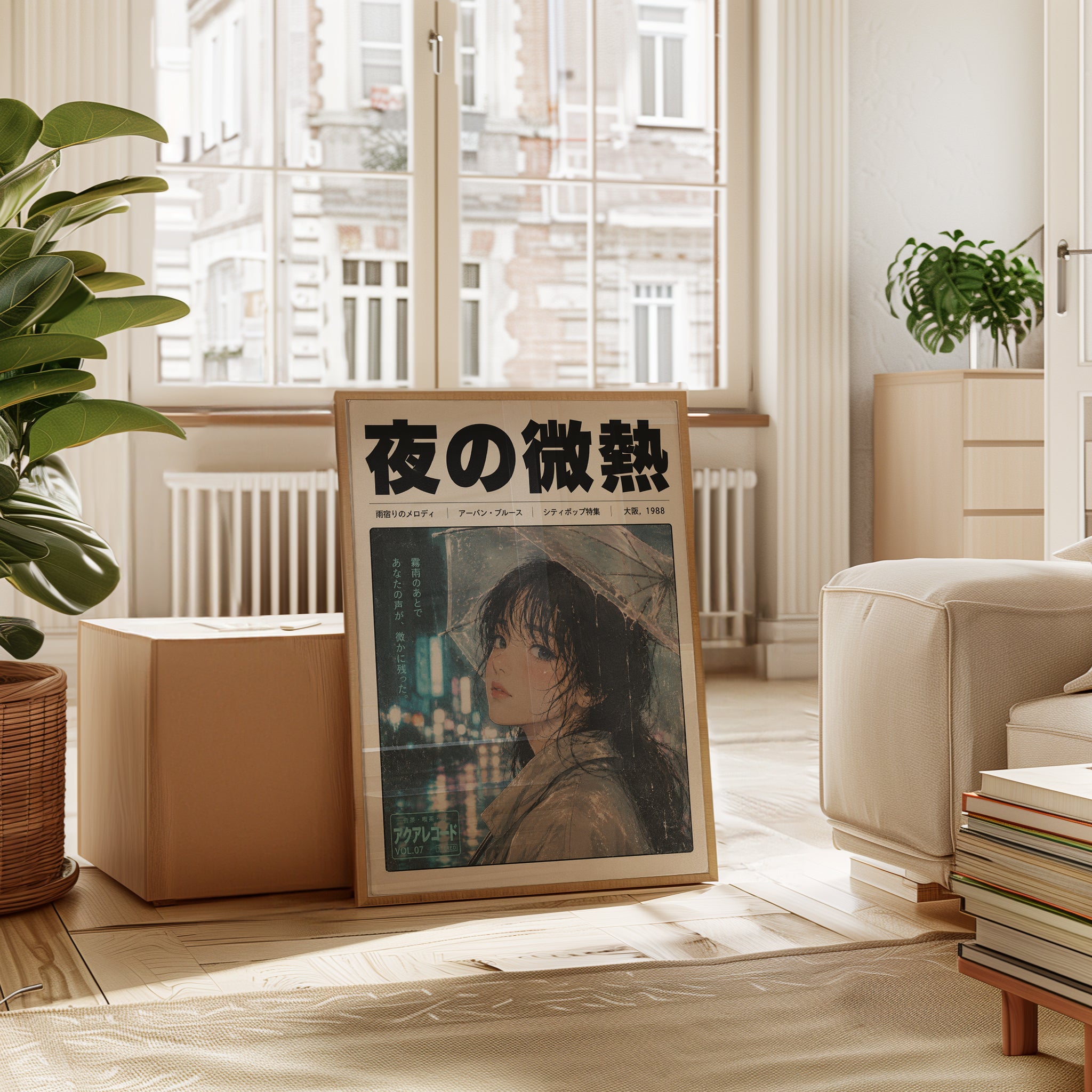 Japanese City Rain Portrait: Vintage 1988 Osaka Magazine Art Print - interior