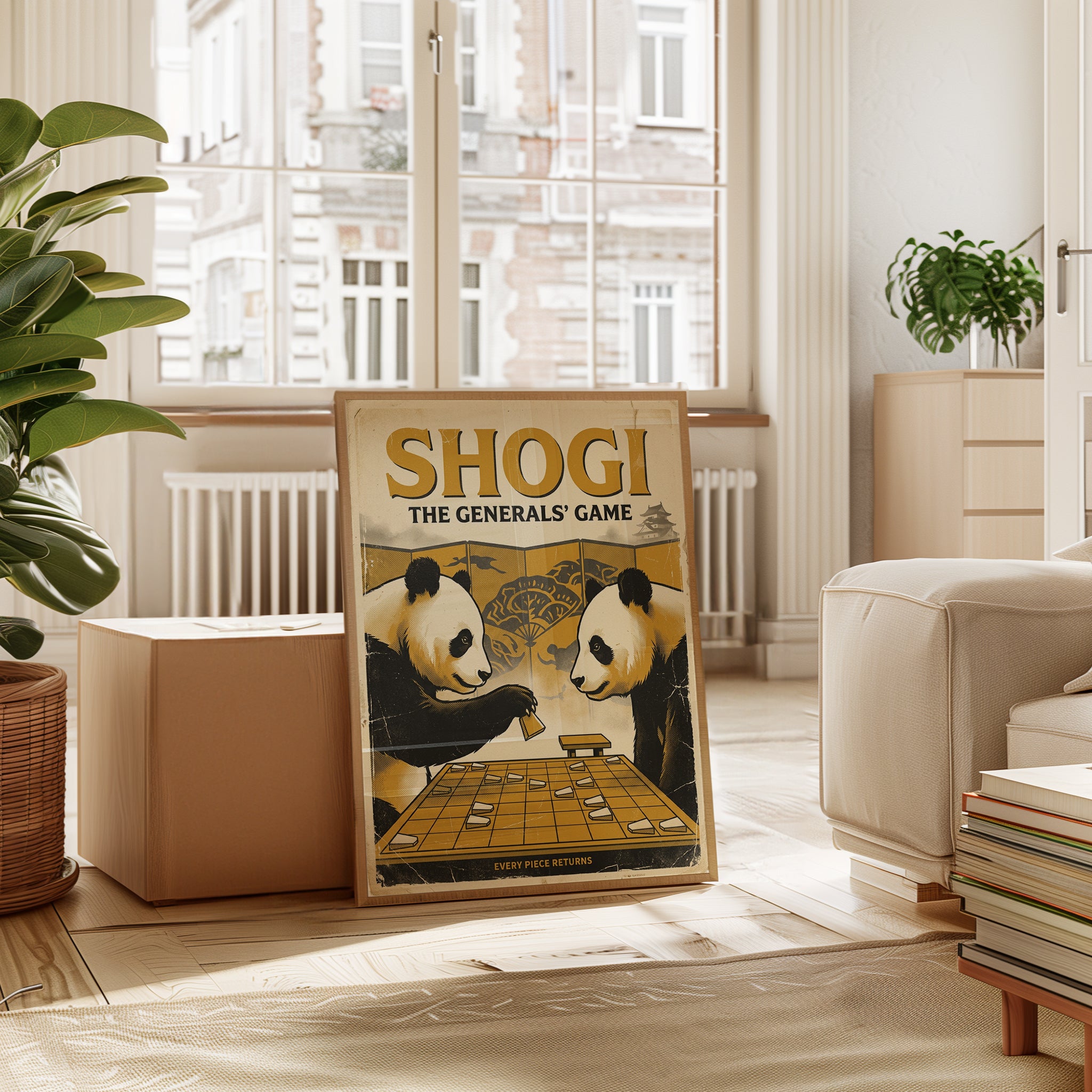Shogi Pandas Art Print: Vintage Japanese Board Game Poster - interior