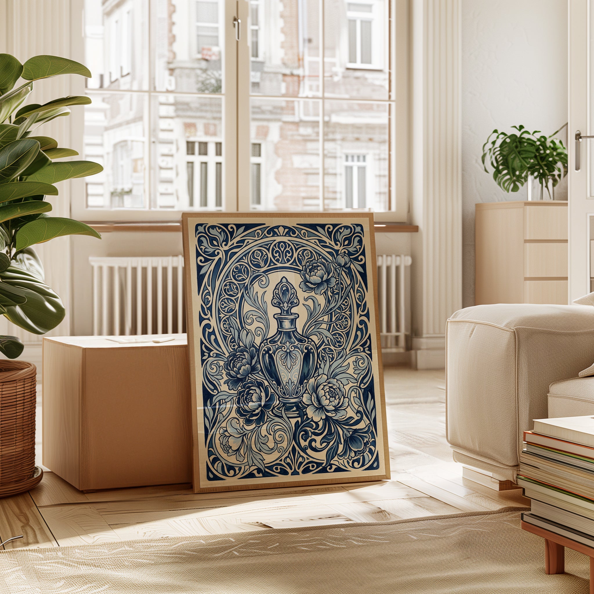 Blue and White Porcelain Print — Ornate Fleur-de-lis Vase - interior