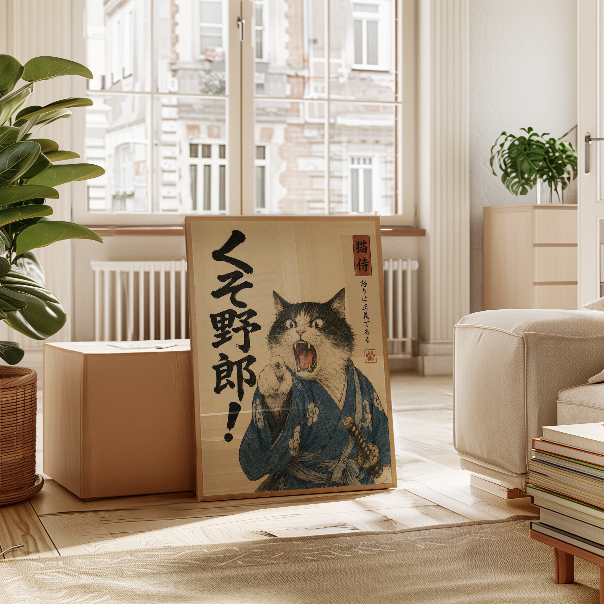 Japanese Samurai Cat Poster: Ukiyo-e Style Warrior Art Print - interior
