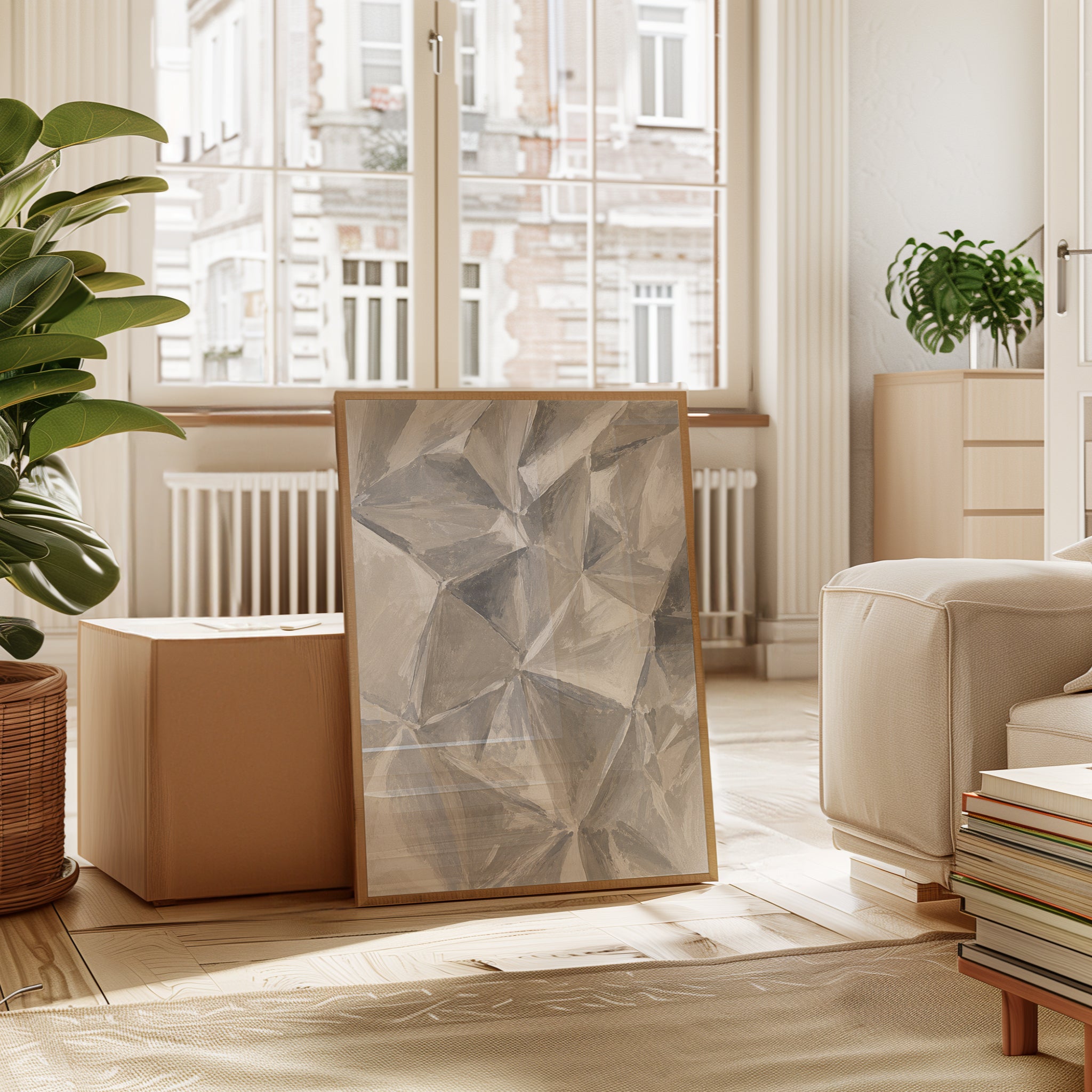 Abstract Geometric Facets Wall Art: Neutral Taupe Cubist Design - interior