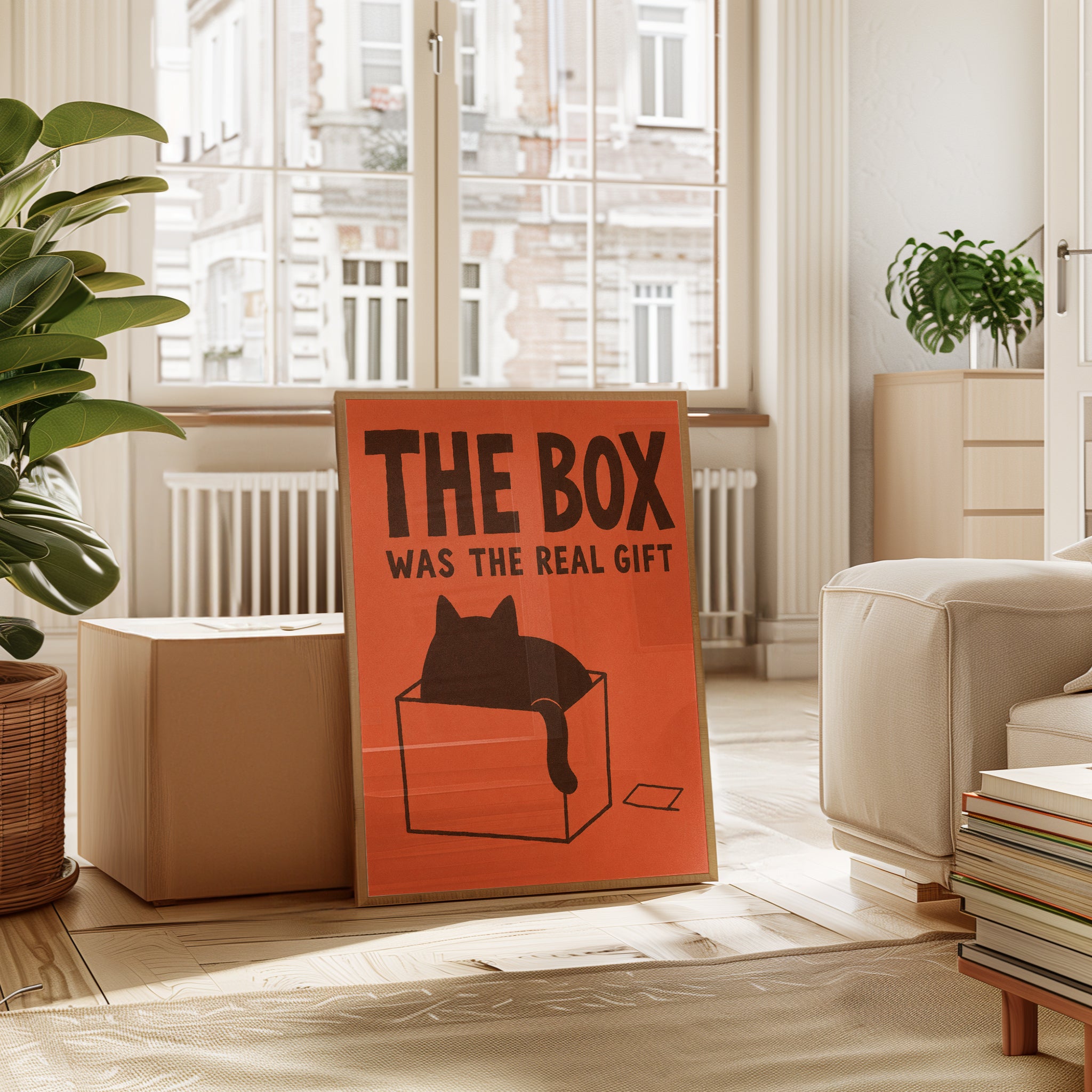 Cat in Box Typography Poster: Minimalist Orange and Black Print - interior
