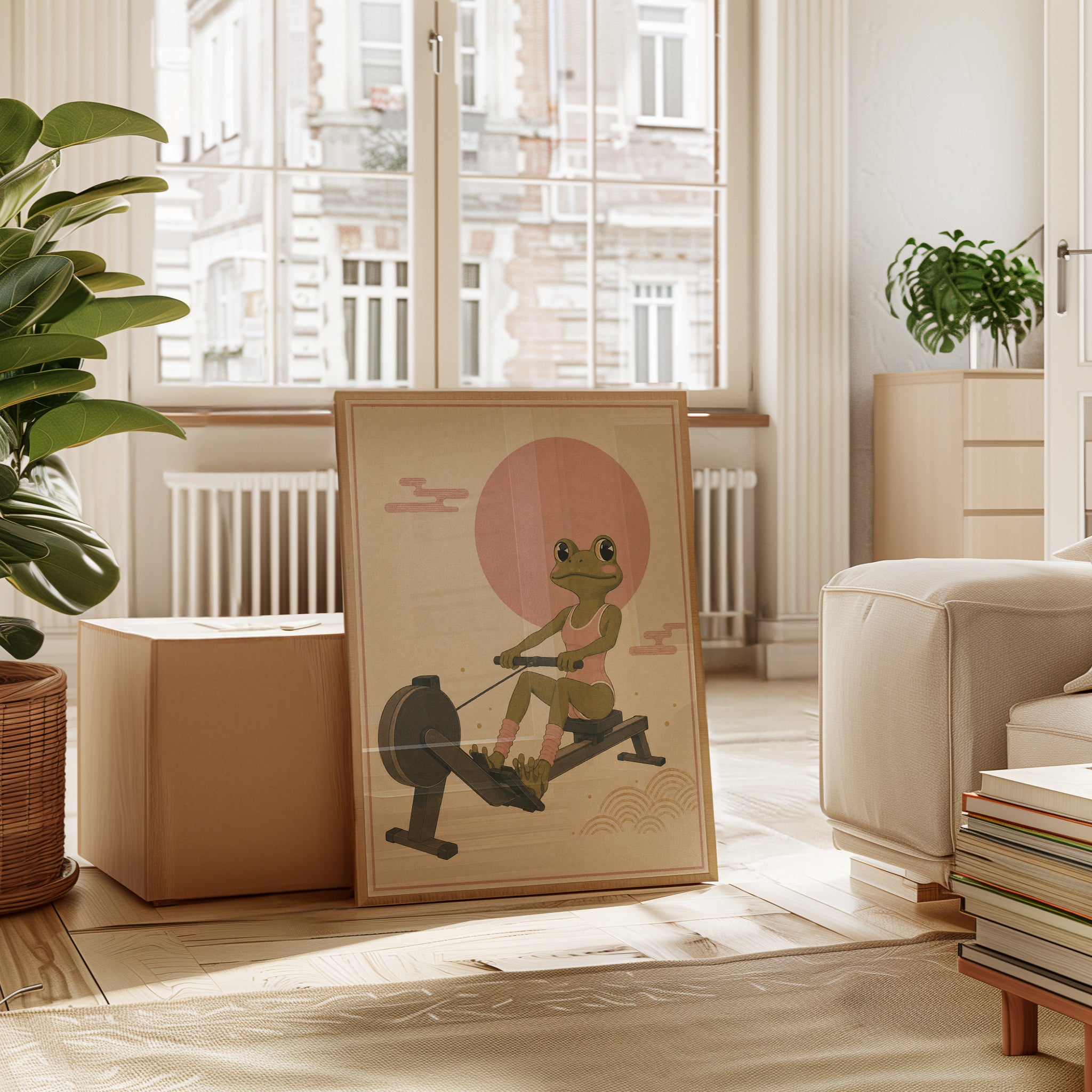 Frog on Rowing Machine Print: Japanese Vintage Illustration - interior