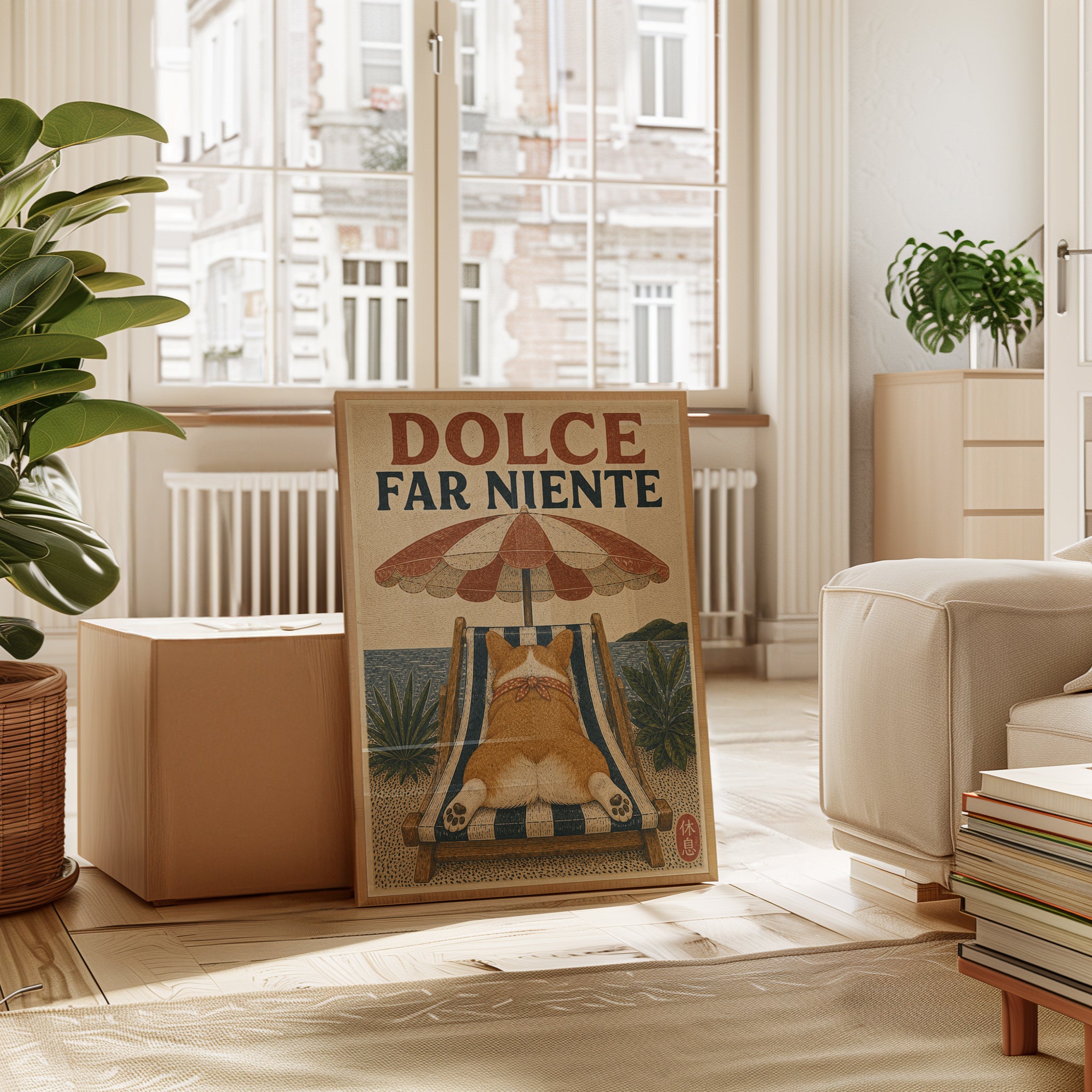 Dolce Far Niente Corgi Print: Vintage Italian Coastal Poster - interior