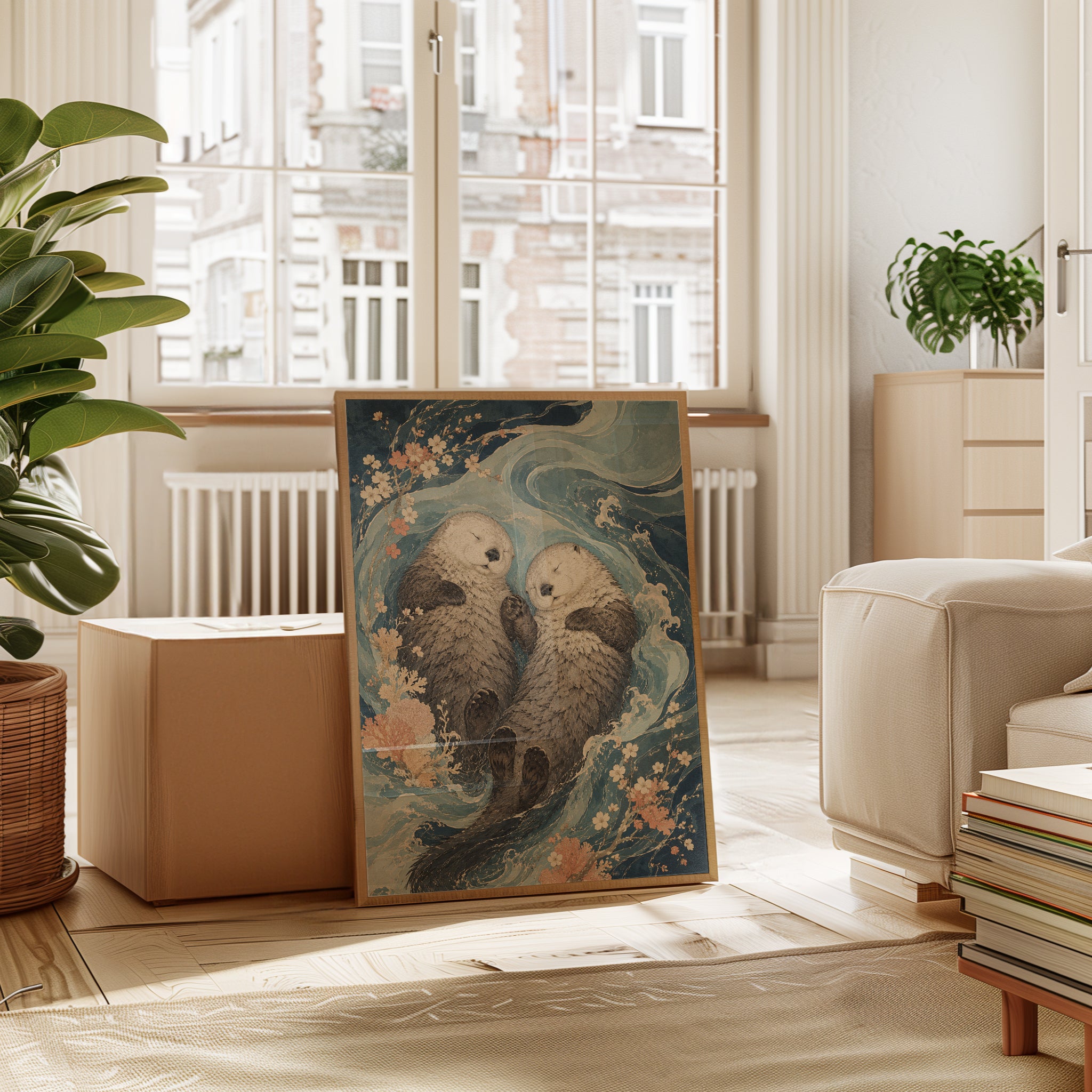 Sea Otters Art Print: Japanese Woodblock Style with Cherry Blossoms - interior