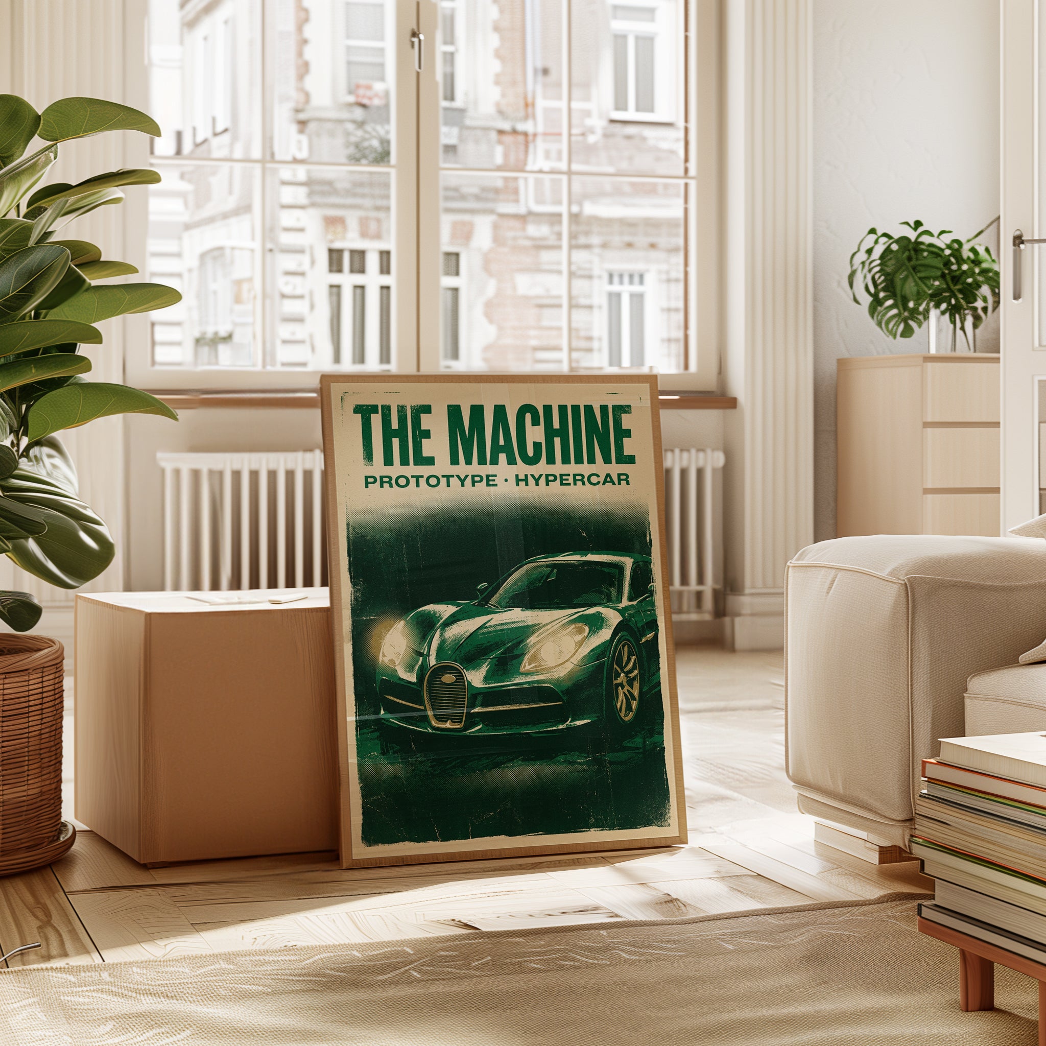Vintage Hypercar Poster — Retro Racing Green Sports Car - interior