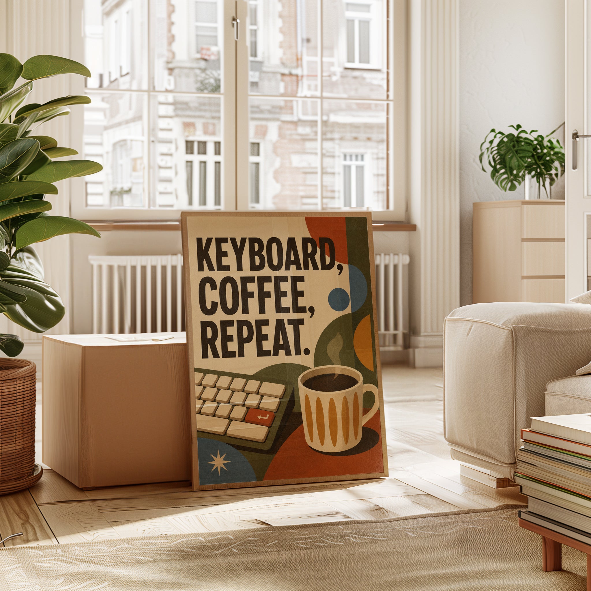 Keyboard Coffee Repeat Poster: Retro Mid-Century Office Art - interior