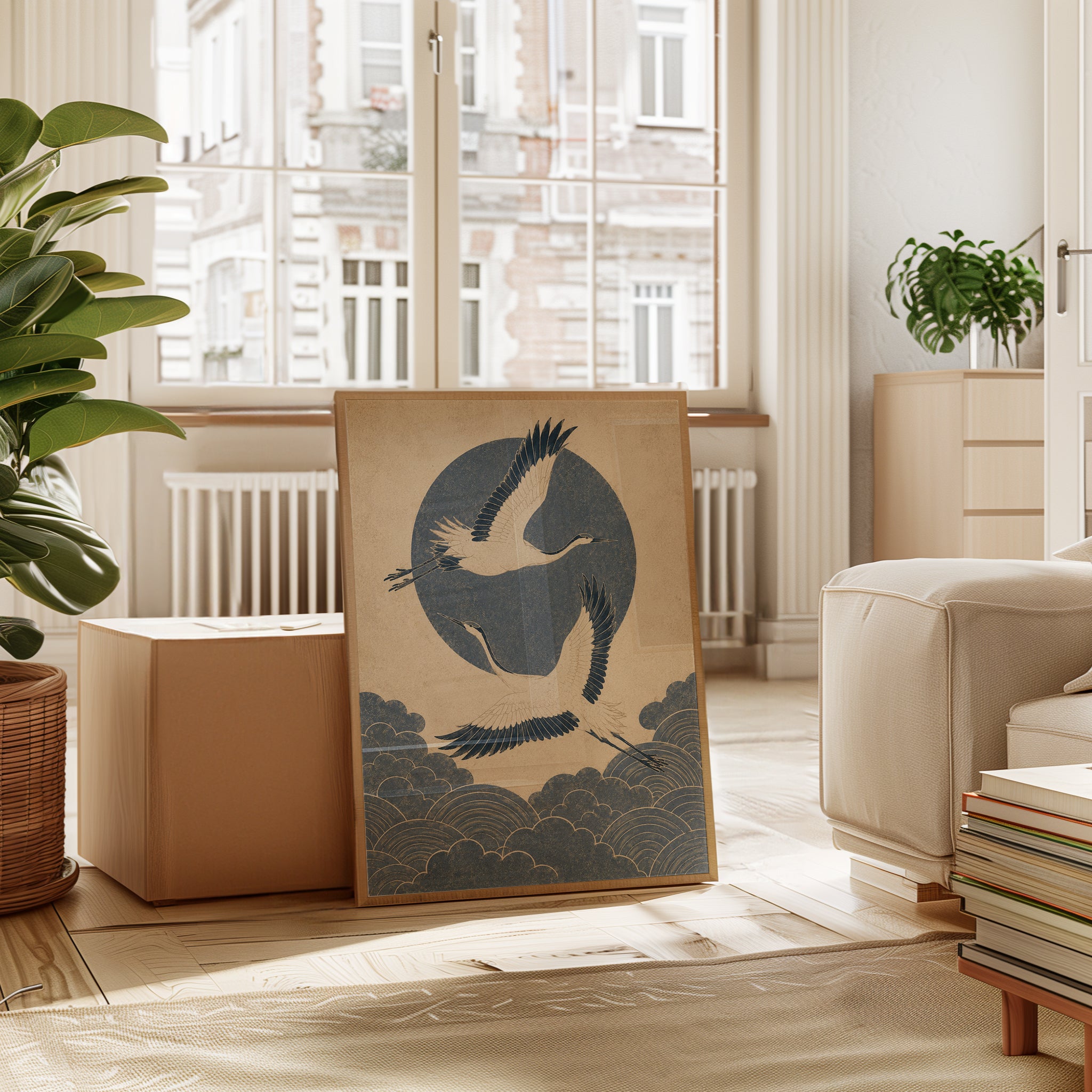 Japanese Cranes in Flight Art Print: Vintage Blue Beige Design - interior