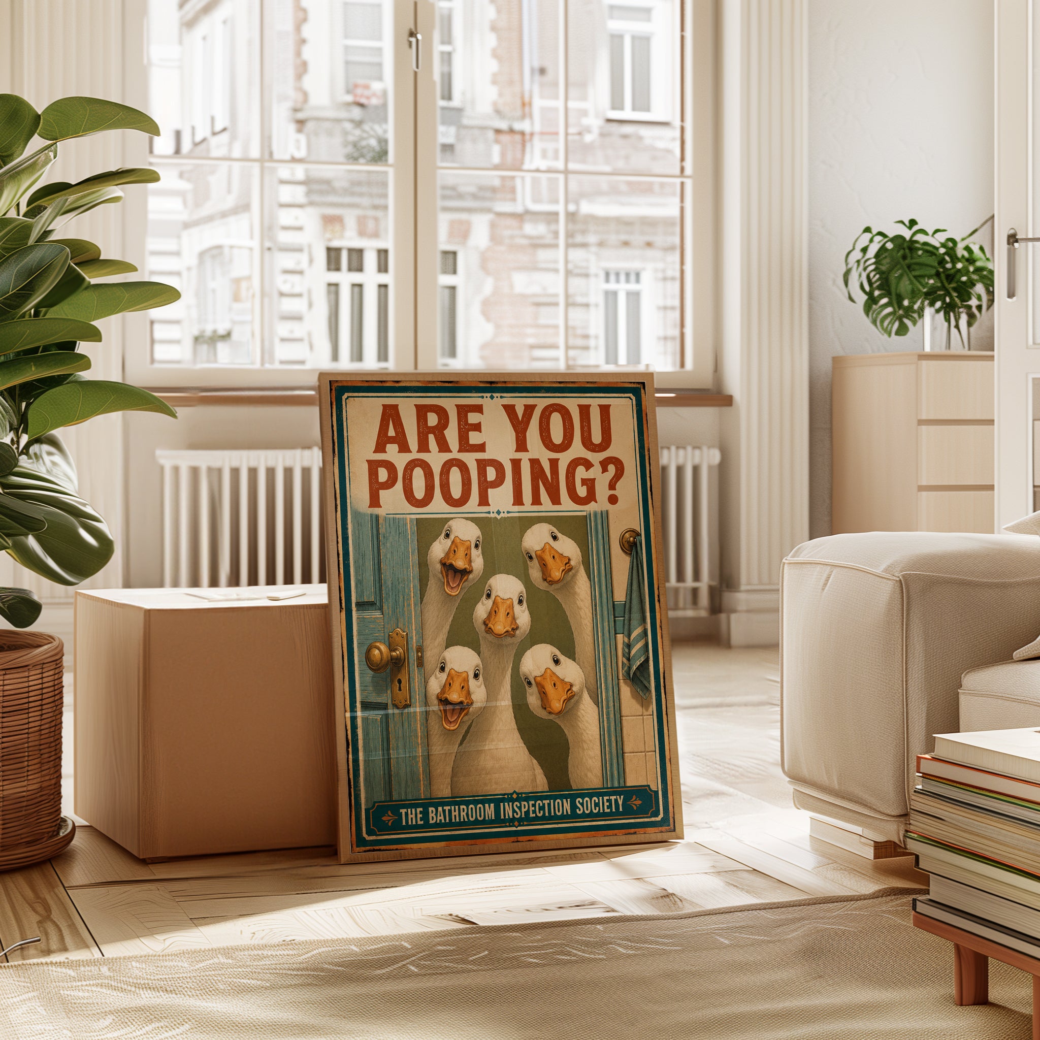 Funny Bathroom Ducks Print: Vintage Humor Wall Art - interior