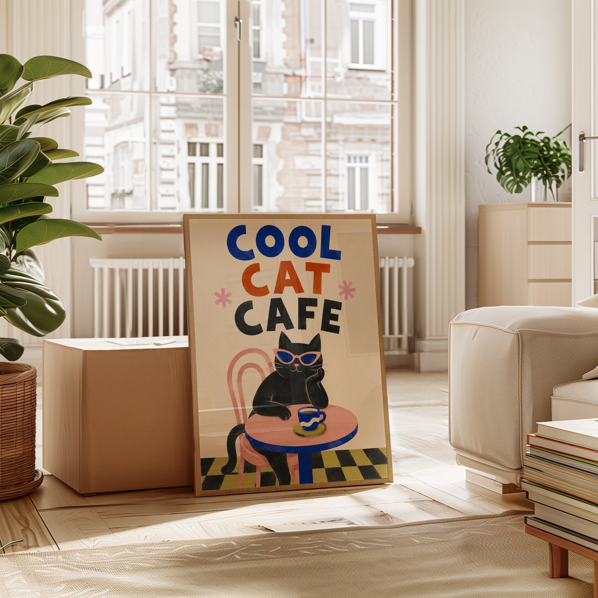 Cat Cafe Wall Art – Retro Black Cat Print - interior