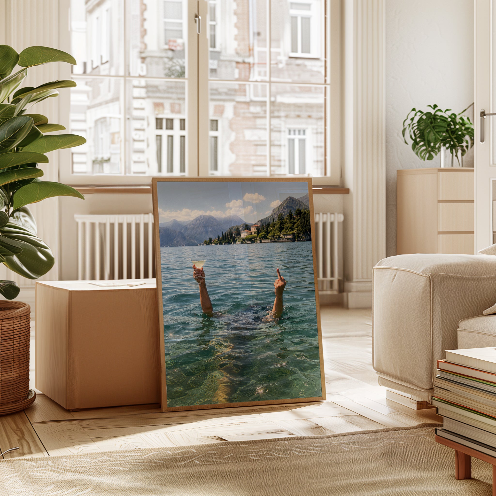 Italian Lake Swimming Wall Art: Humorous Alpine Water Scene - interior