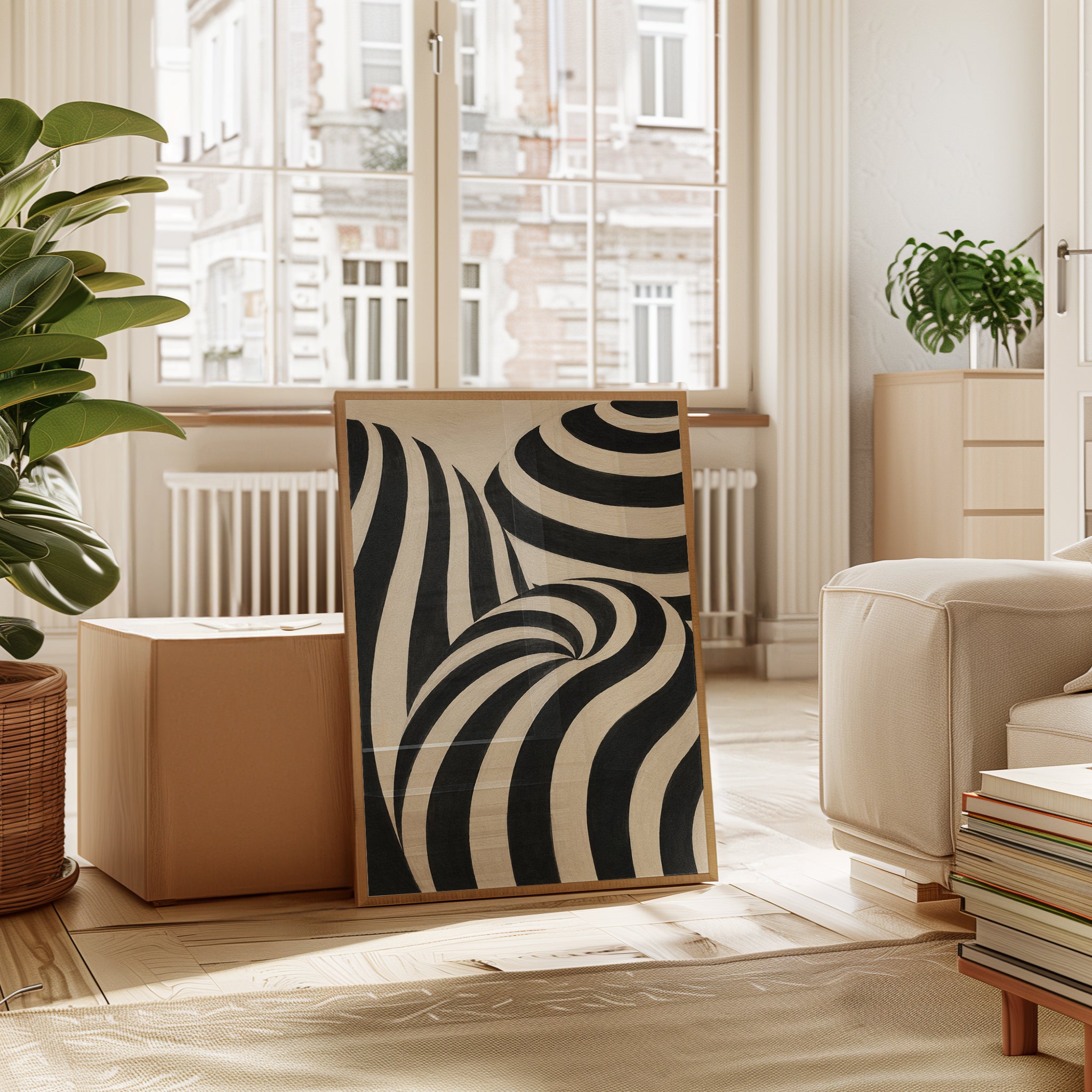 Abstract Curved Stripes Wall Art: Op Art Black And White Print - interior
