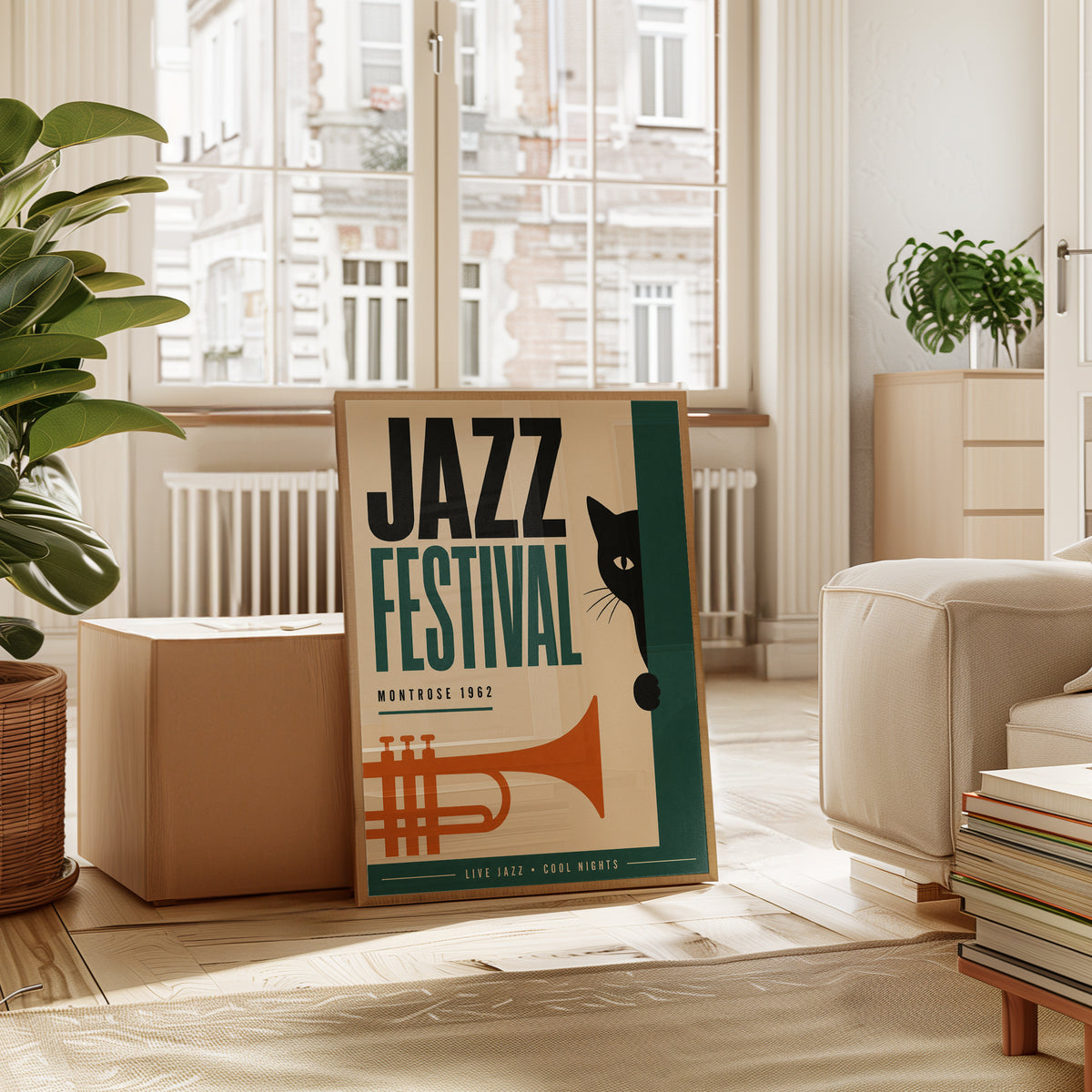 Jazz Festival Cat Poster: Retro 1962 Montrose Music Art Print - interior