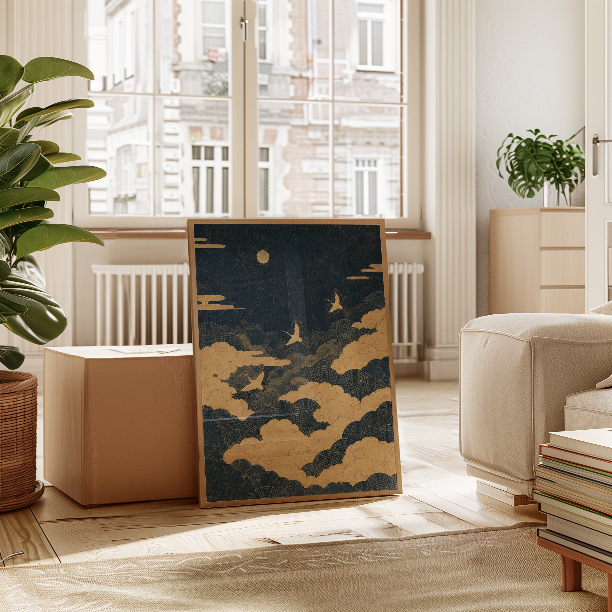 Crane Art Print: Japanese Inspired Wall Decor (Gold & Navy) - interior