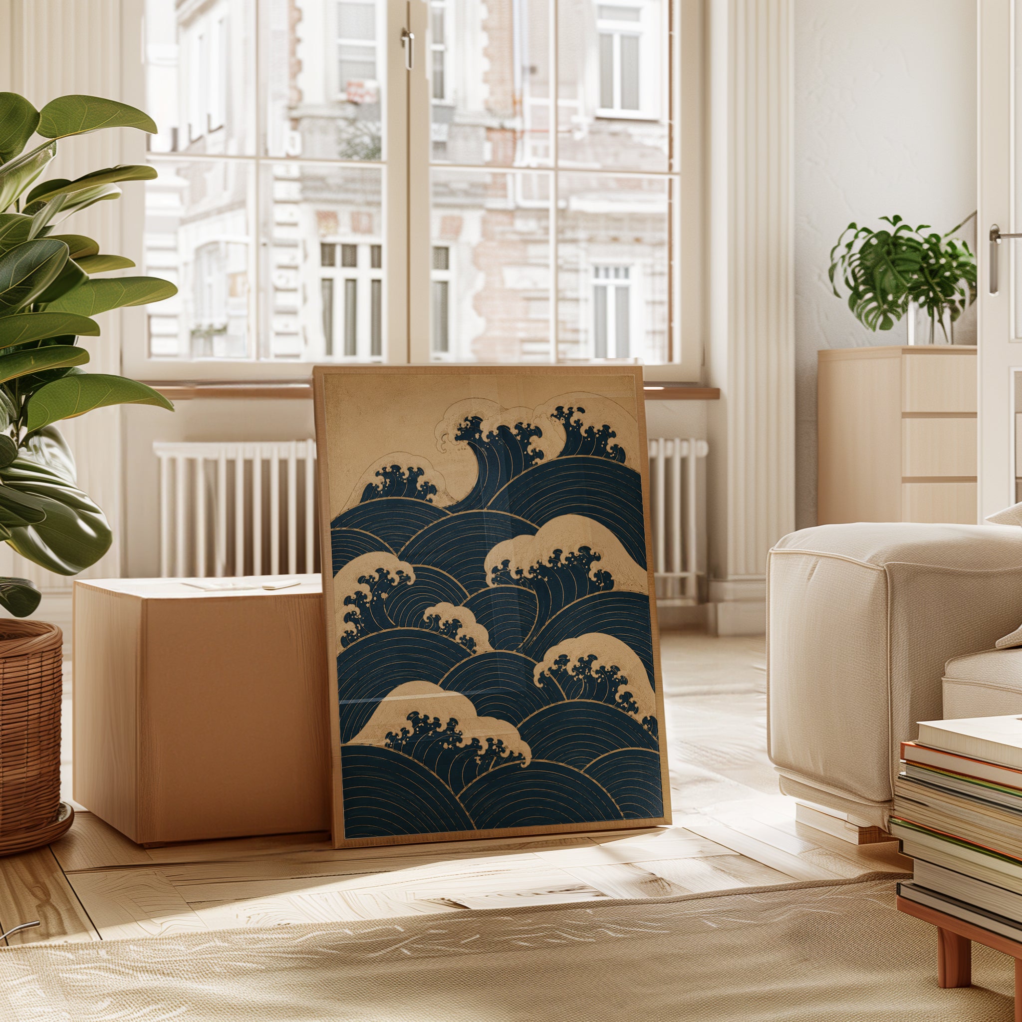 Japanese Wave Art Print: Traditional Seigaiha Pattern in Navy - interior
