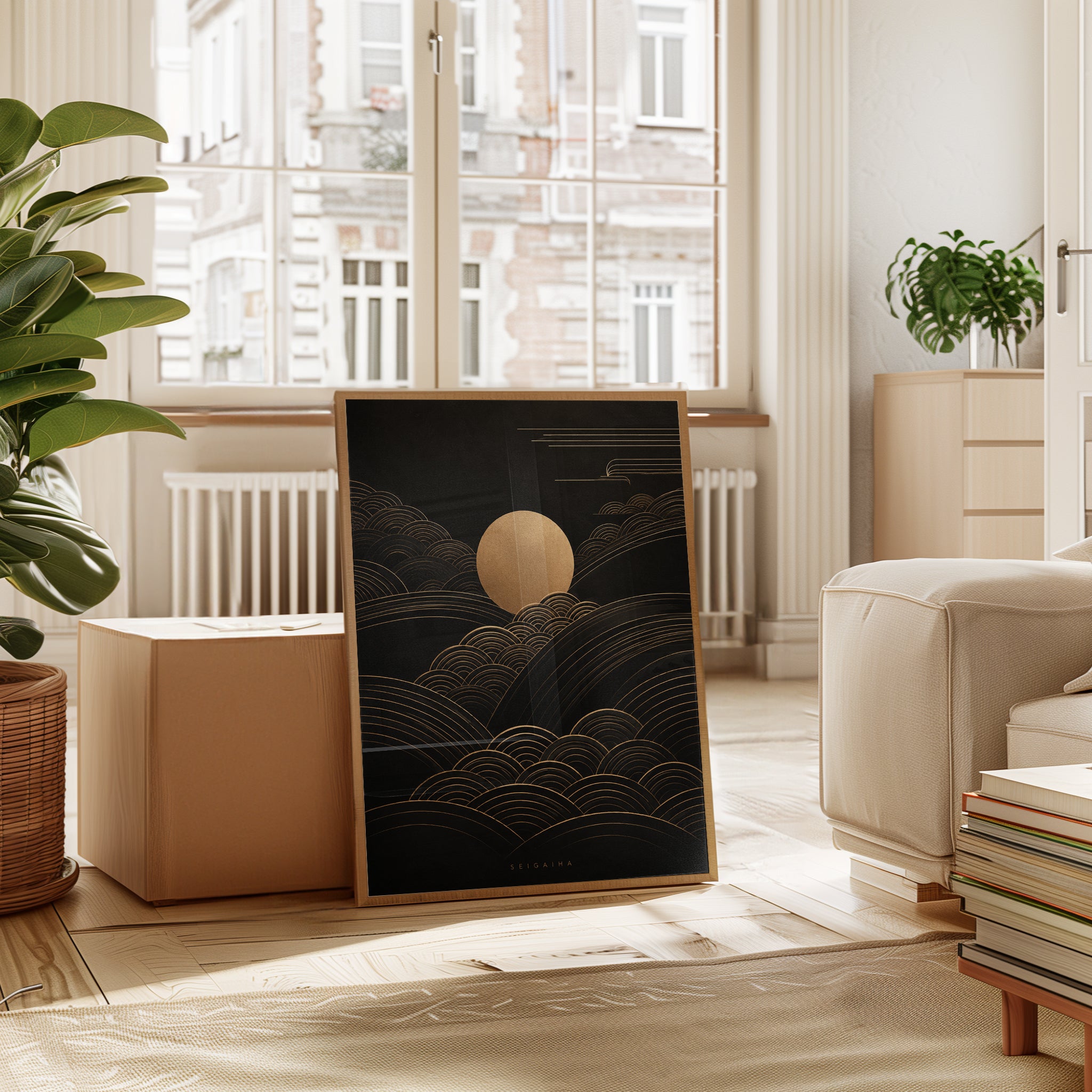 Moon Art Print: Japanese Seigaiha Wave Design (Gold on Black) - interior