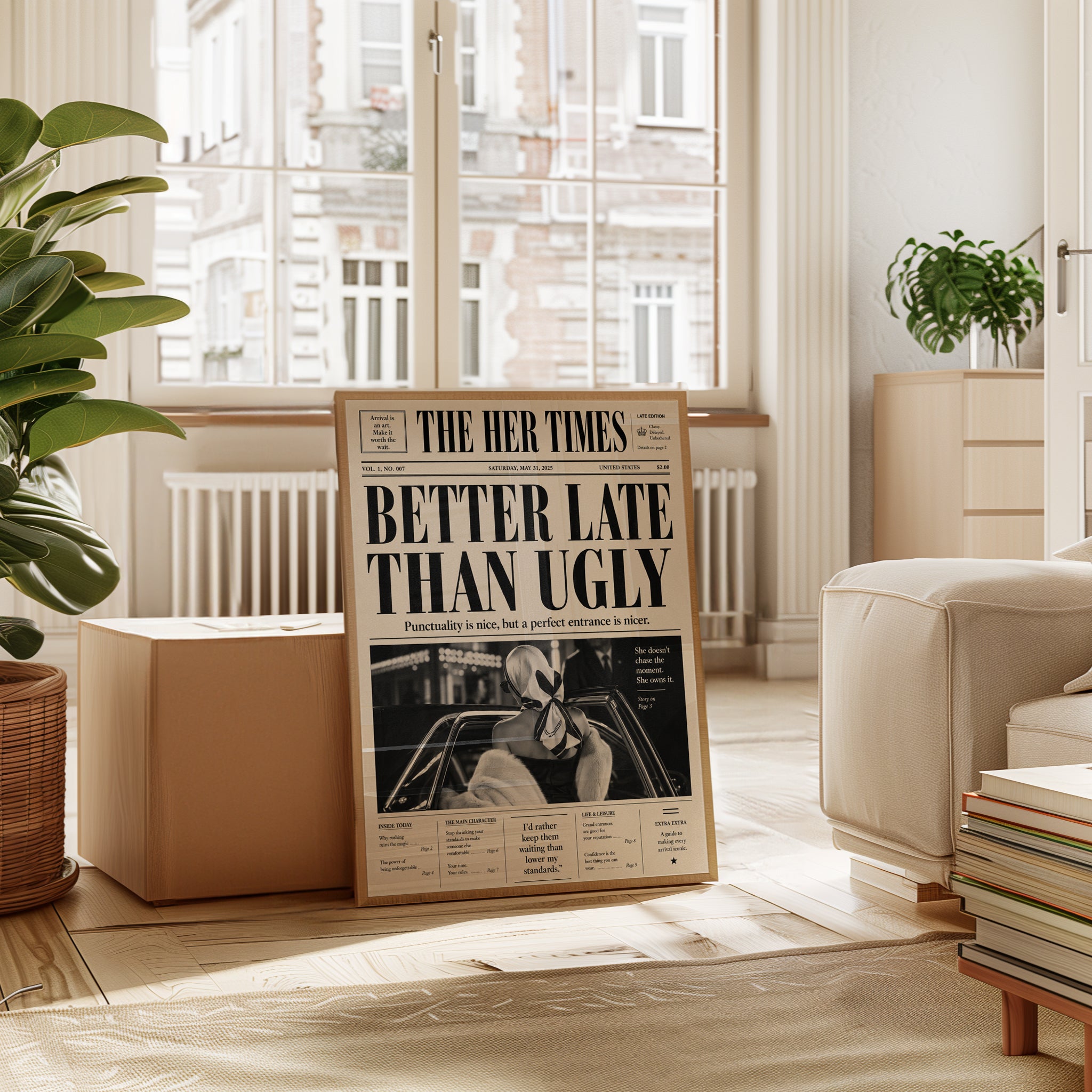 Vintage Newspaper Wall Art: 'Better Late Than Ugly' Retro - interior