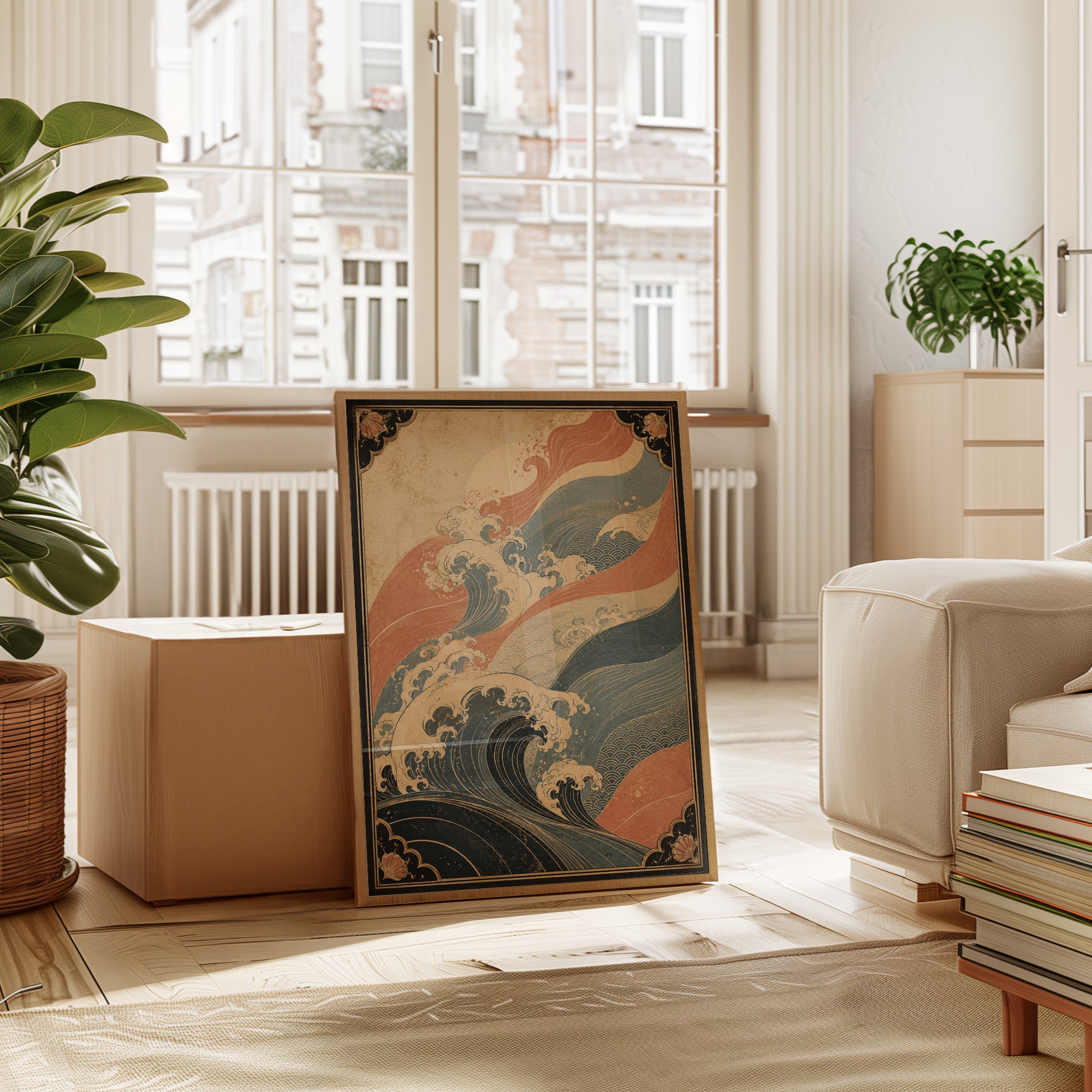 Japanese Wave Art Print: Vintage Ukiyo-e Ocean in Coral & Navy - interior