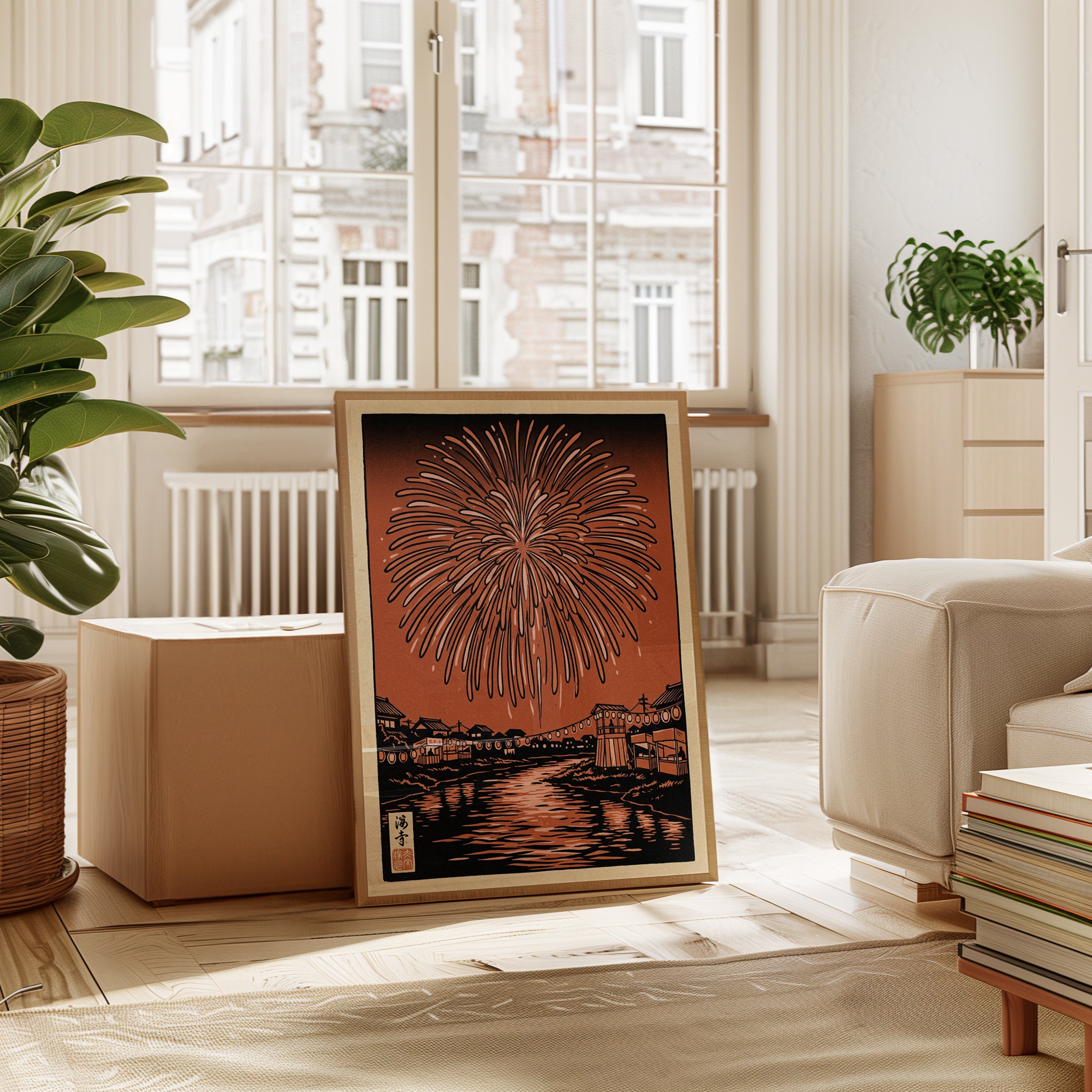 Japanese Fireworks Print — Vintage Woodblock Style - interior