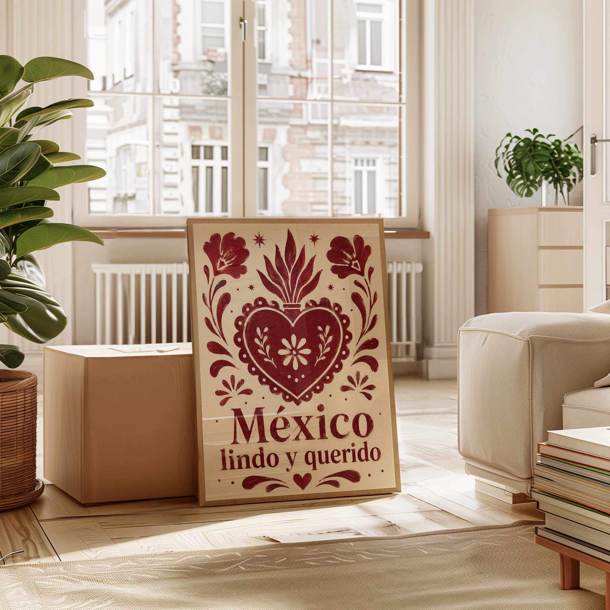 Mexico Lindo Y Querido Folk Art Print: Red Heart Floral Design - interior