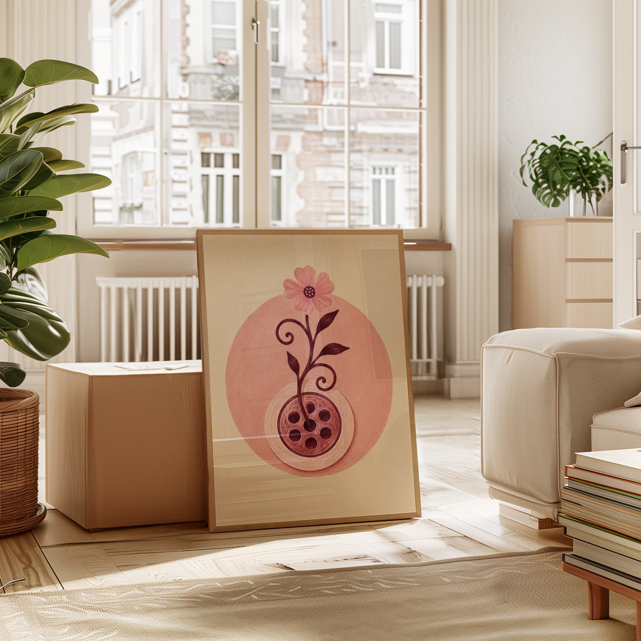 Folk Art Flower Print – Pink Botanical Wall Art - interior