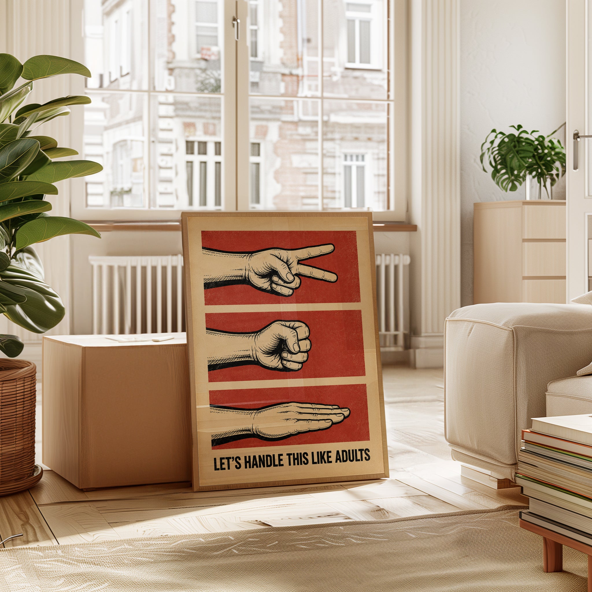 Rock Paper Scissors Poster: Vintage Propaganda Style Red Print - interior