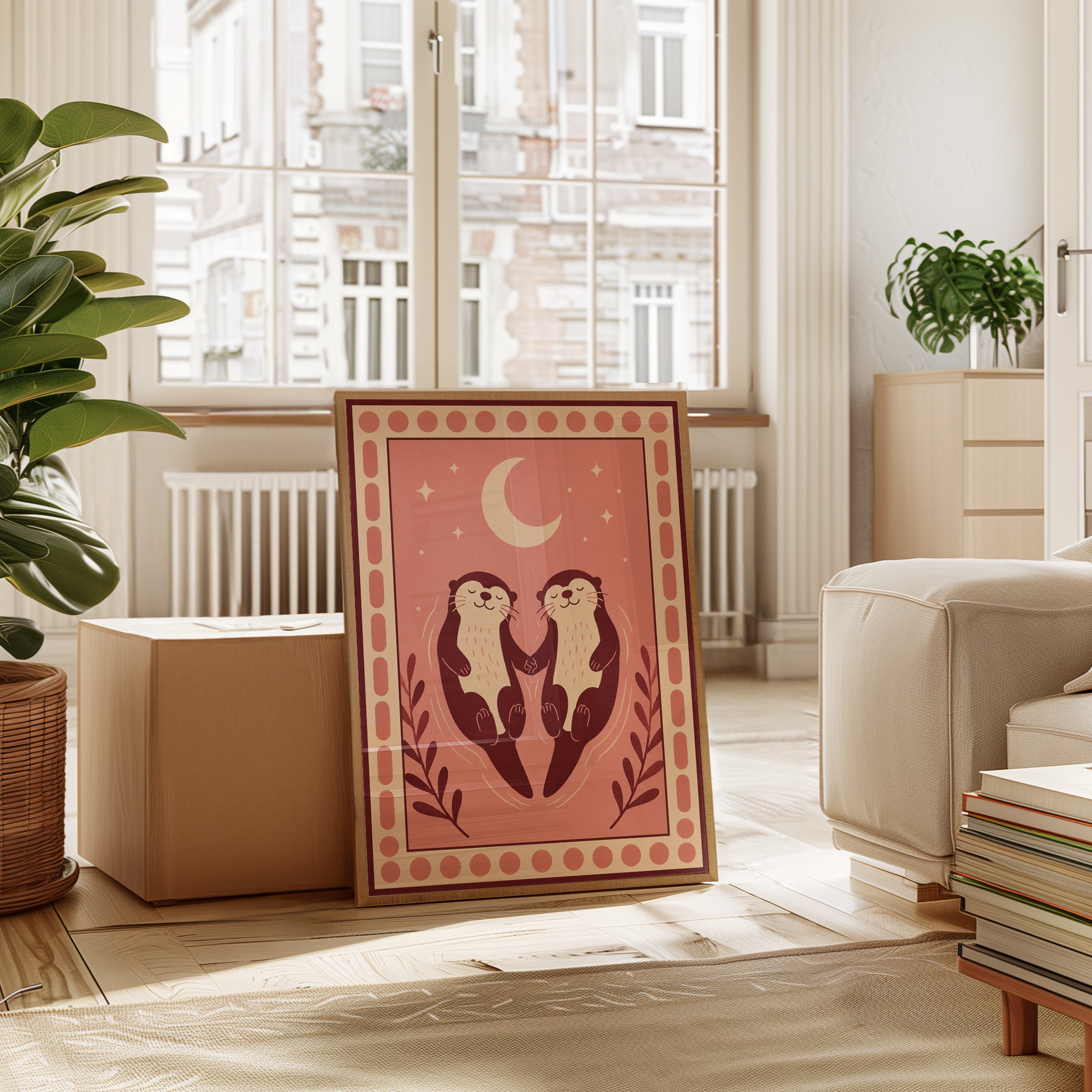 Folk Art Otter Print – Pink Boho Nursery Wall Art - interior