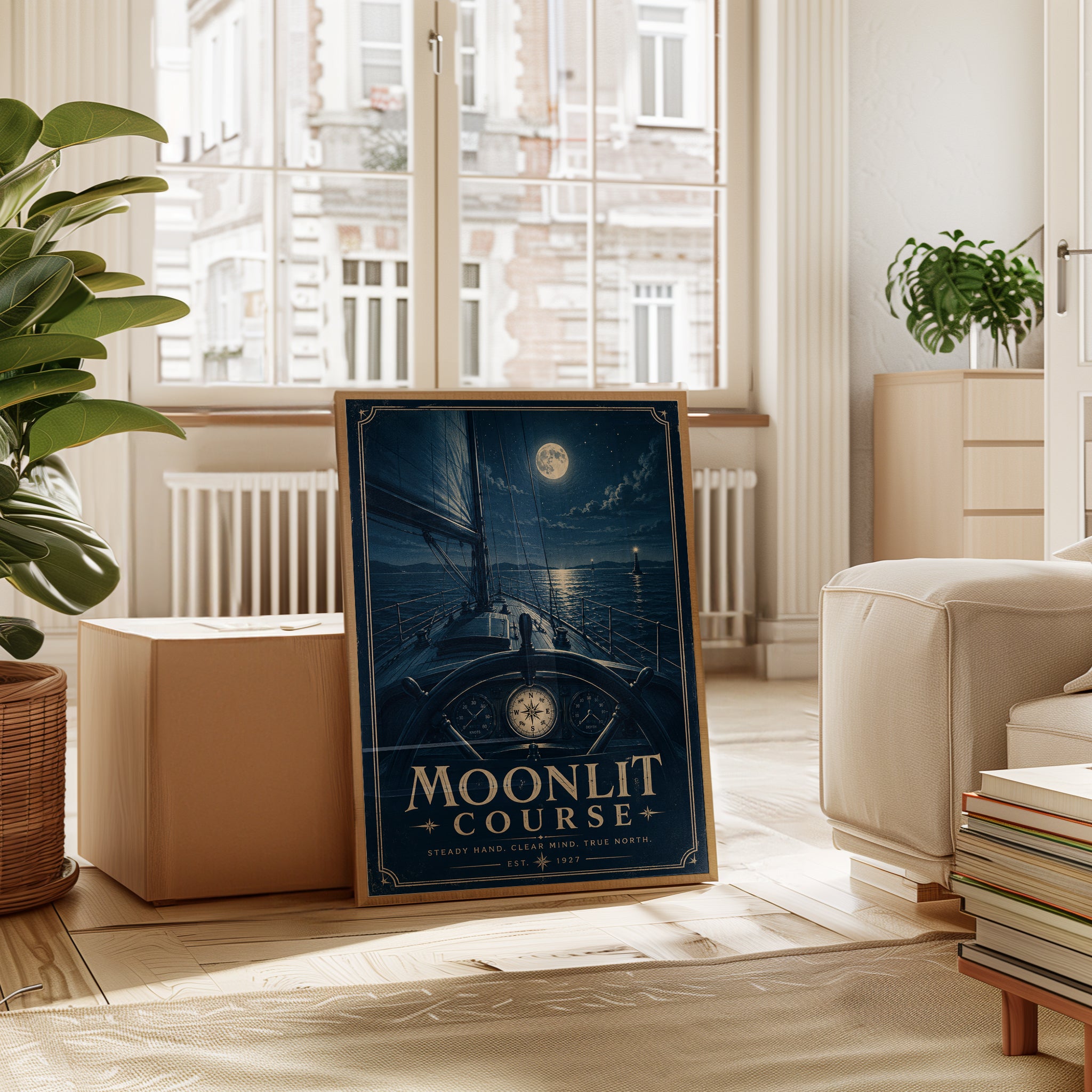 Moonlit Sailboat Navigation Art Print: Vintage Nautical Design - interior