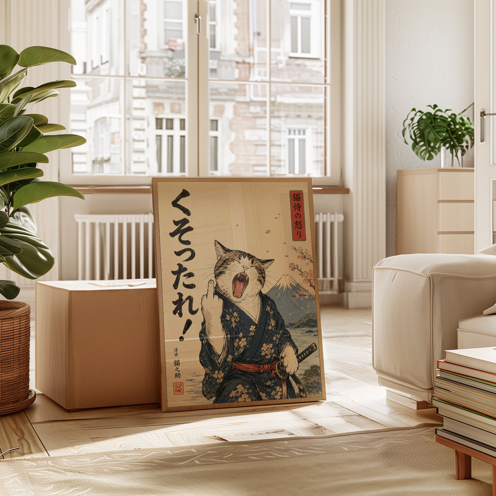 Japanese Yawning Samurai Cat Print: Ukiyo-e Mount Fuji Art - interior