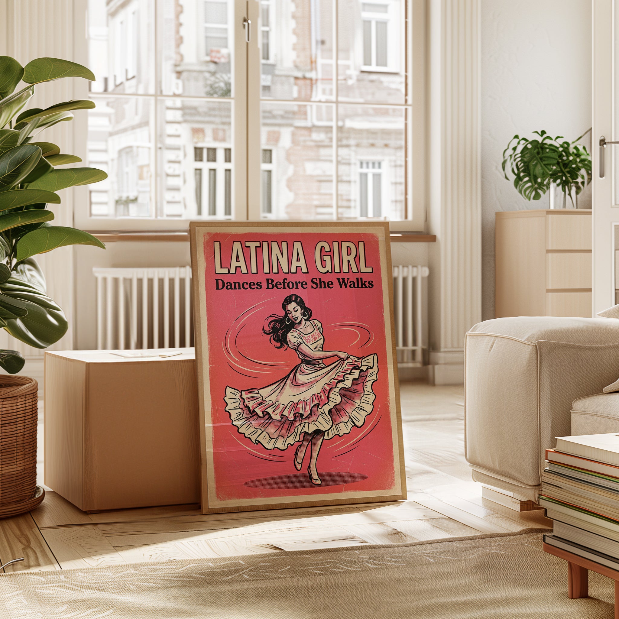 Latina Dancer Vintage Poster: Retro Pink Mid-Century Wall Art - interior