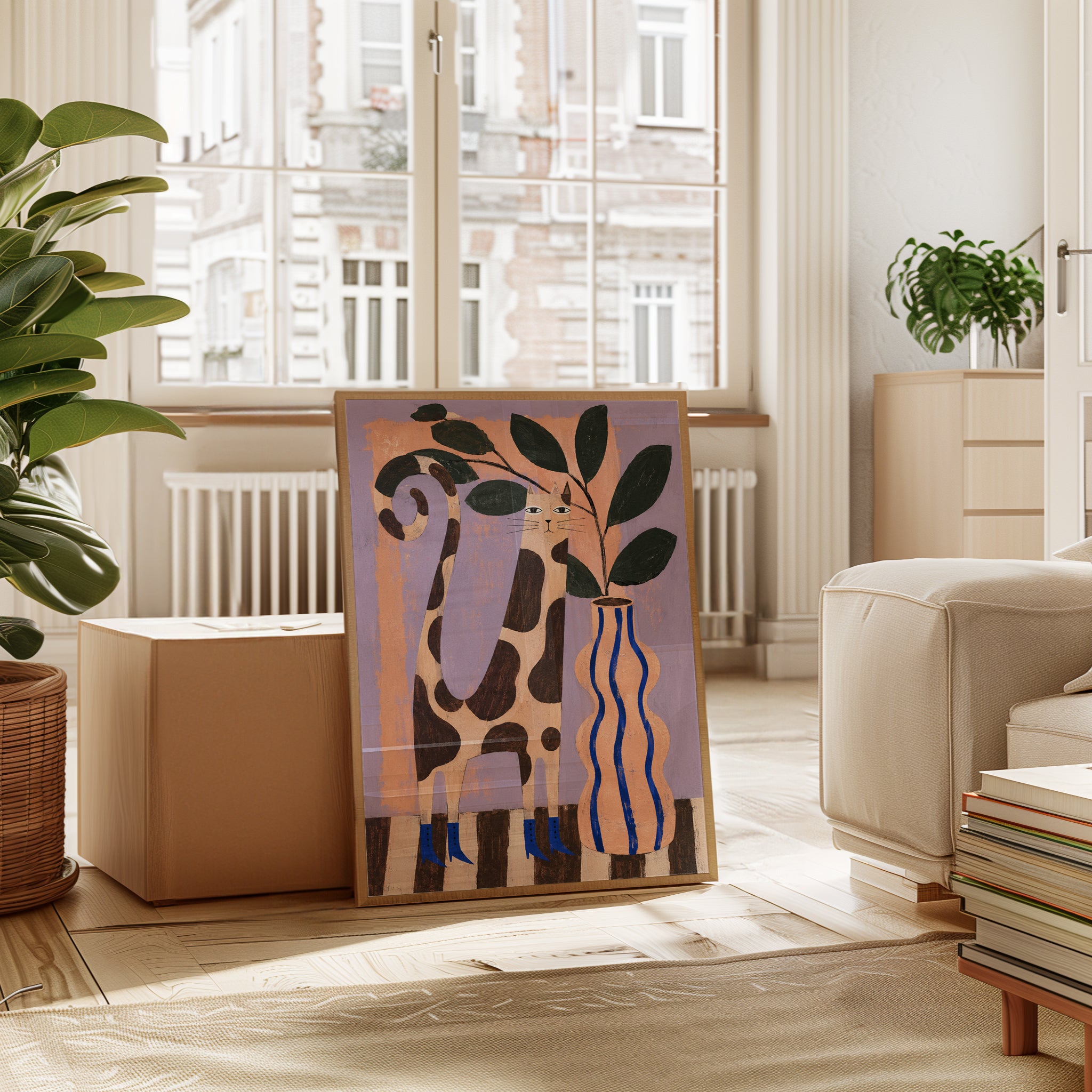 Spotted Cat with Plant Vase: Folk Art Style Wall Art - interior