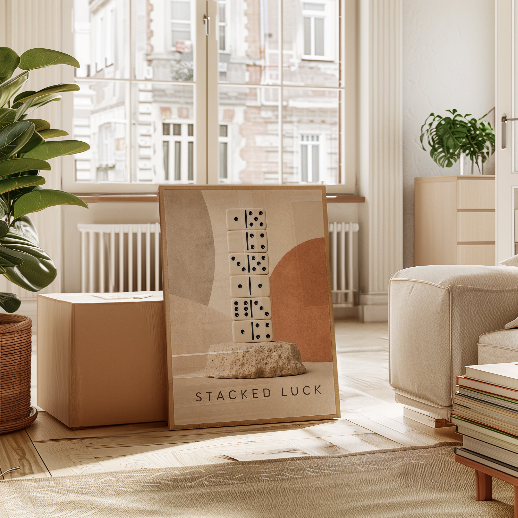 Stacked Luck Domino Tower Print: Minimalist Beige Still Life - interior