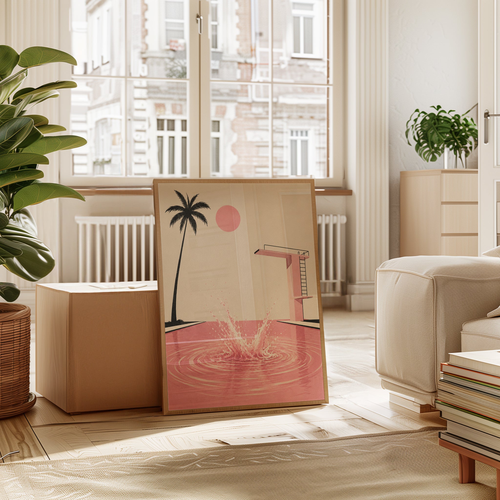 Minimalist Pool Poster – Pink Palm Tree Print - interior