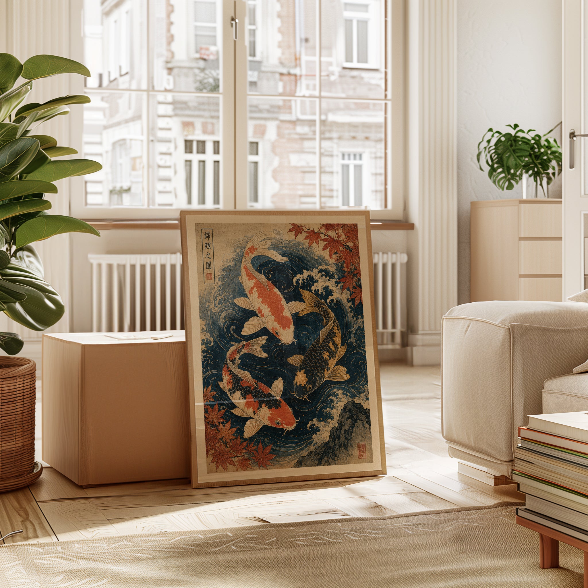 Japanese Koi Fish Art Print: Ukiyo-e Style with Autumn Leaves - interior