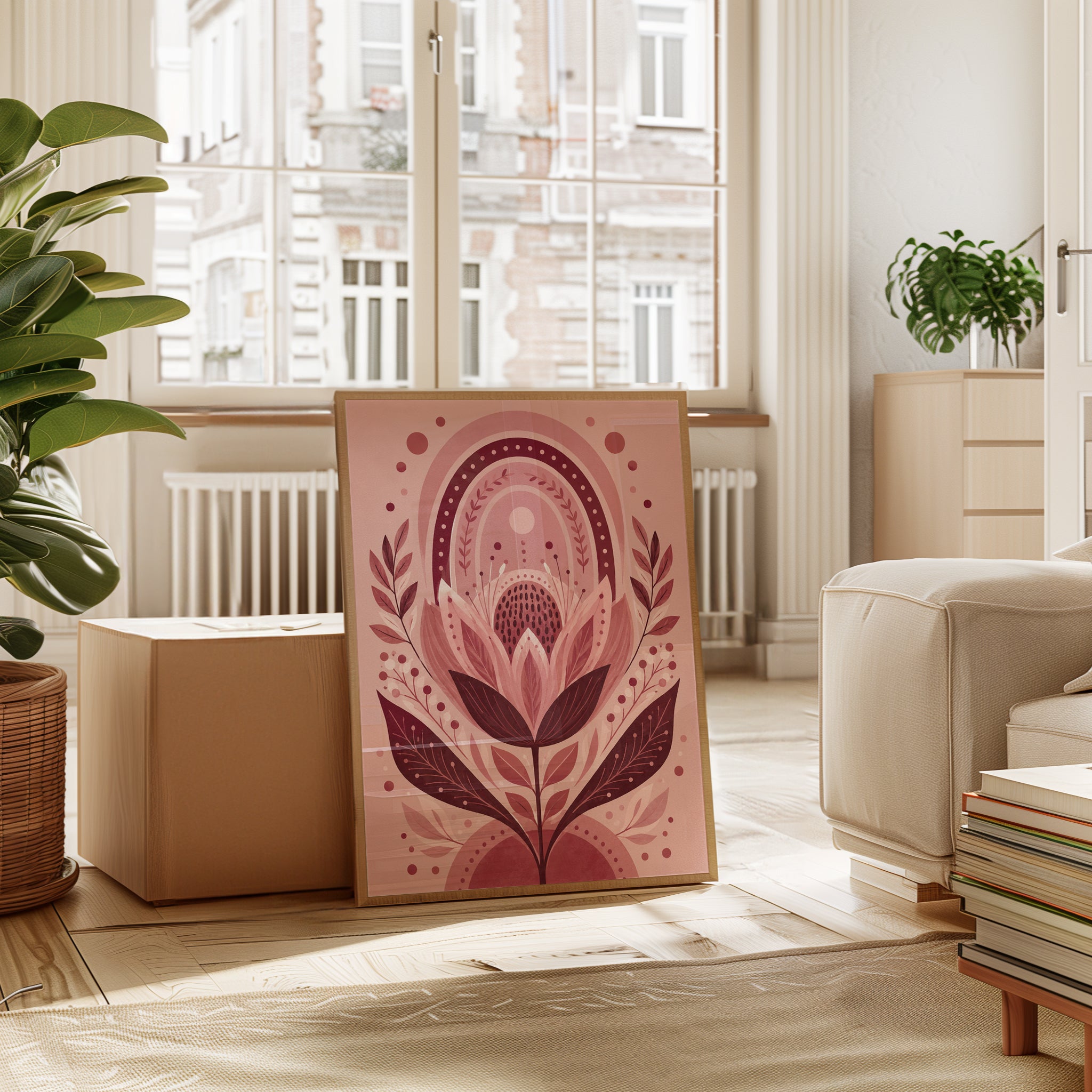 Pink Botanical Wall Art – Floral Folk Art Print - interior