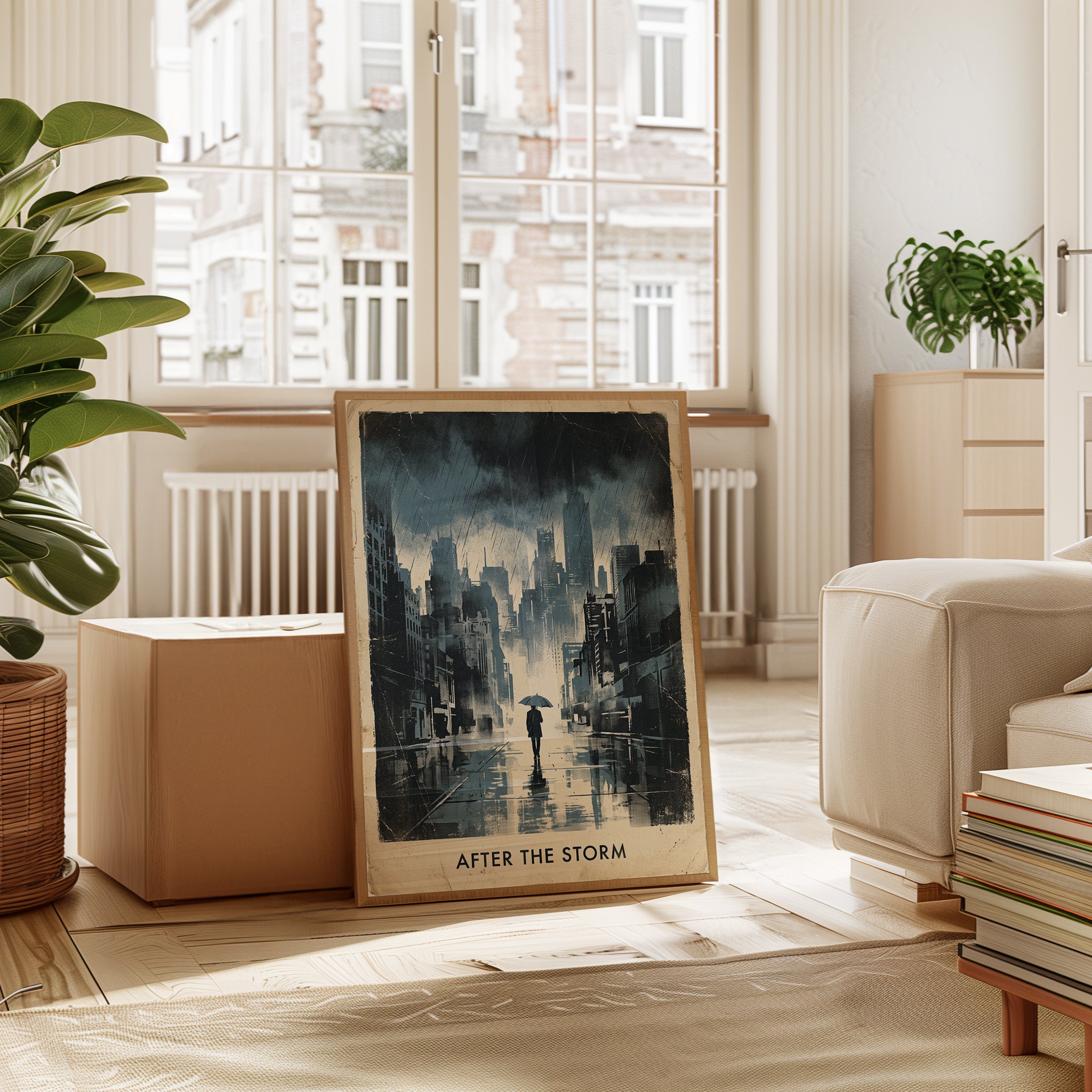 Rainy City Street Art Print: Blue Urban Watercolor Silhouette - interior