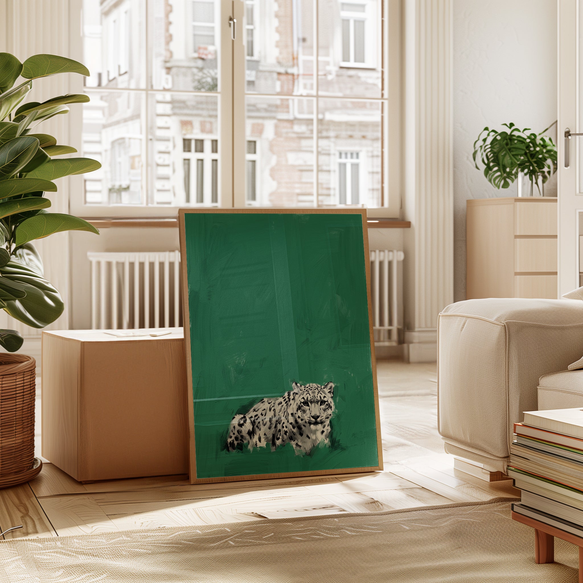 Snow Leopard Art Print: Minimalist Green Wildlife Painting - interior