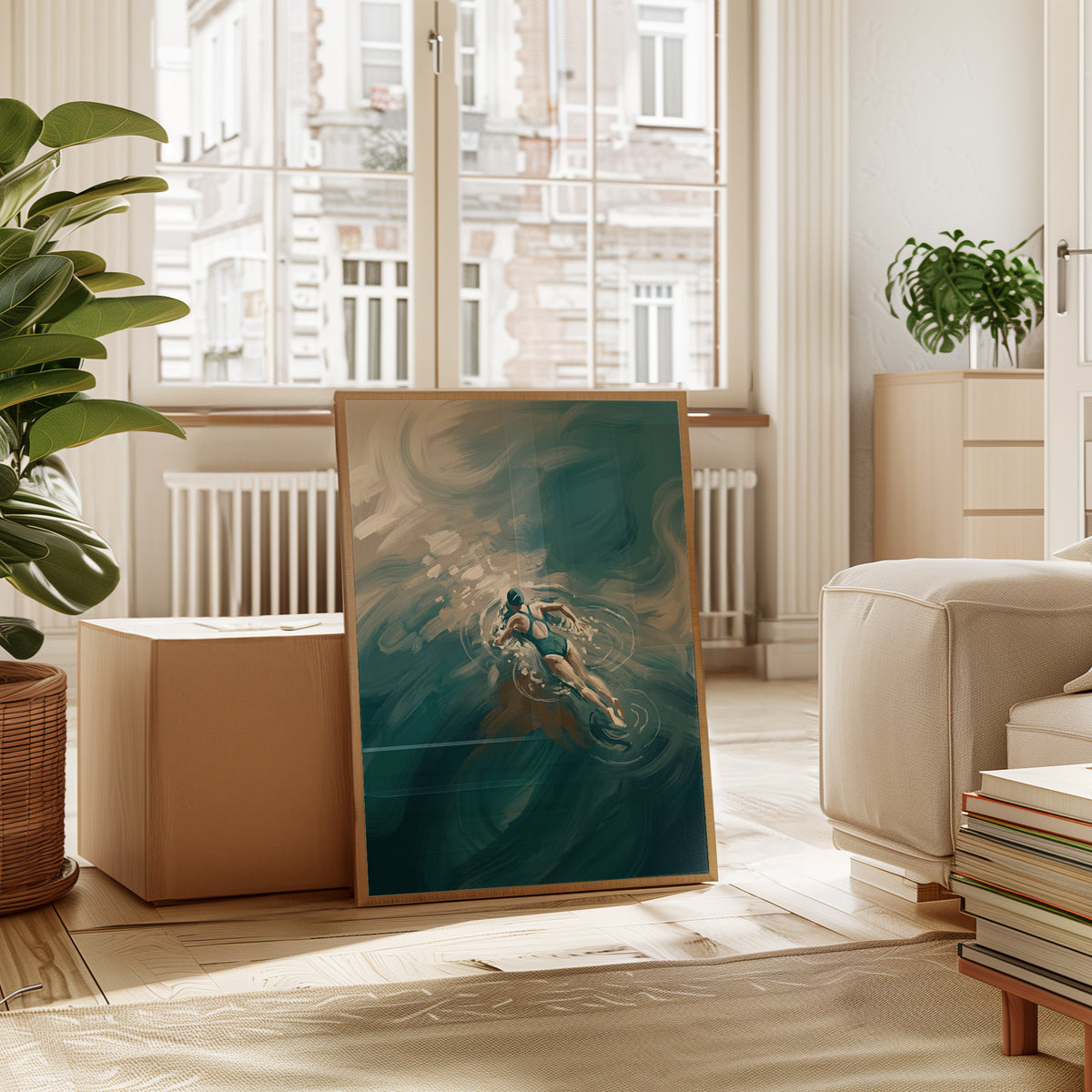 Swimmer in Teal Waters Art Print: Impressionist Aquatic Motion - interior