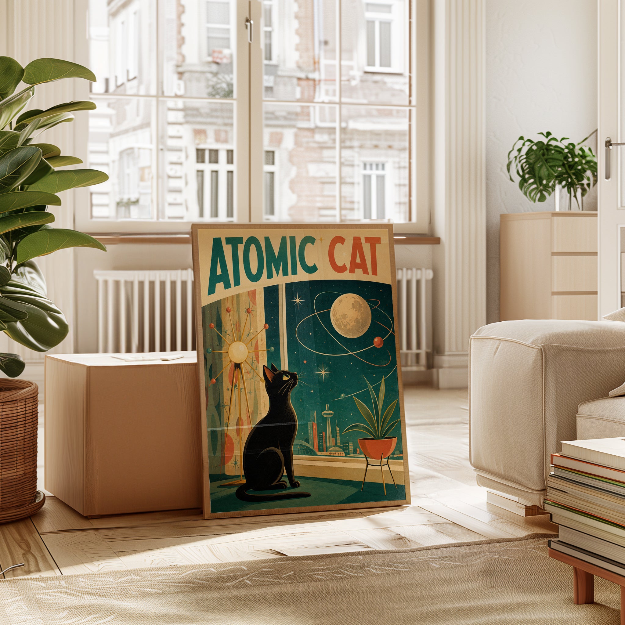 Mid Century Cat Poster – Retro Space Art - interior