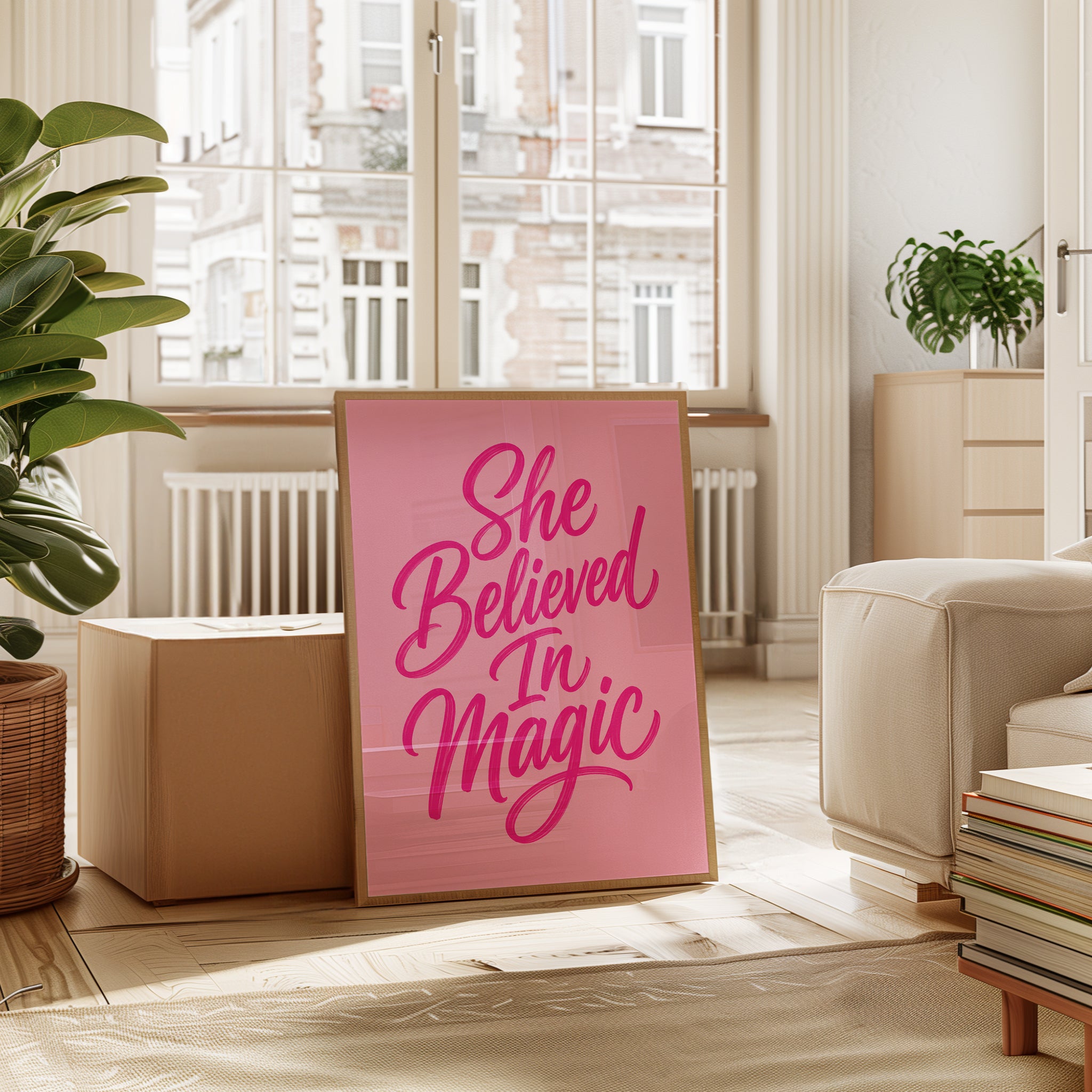 She Believed In Magic Typography Print: Pink Lettering Wall Art - interior