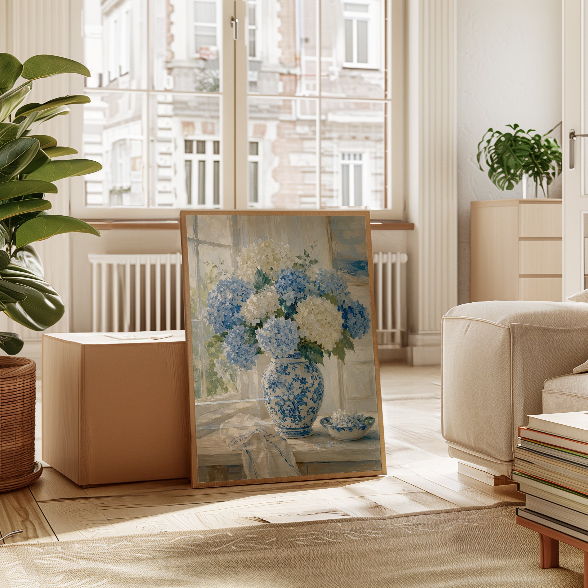 Hydrangea Wall Art – Blue White Floral Print - interior