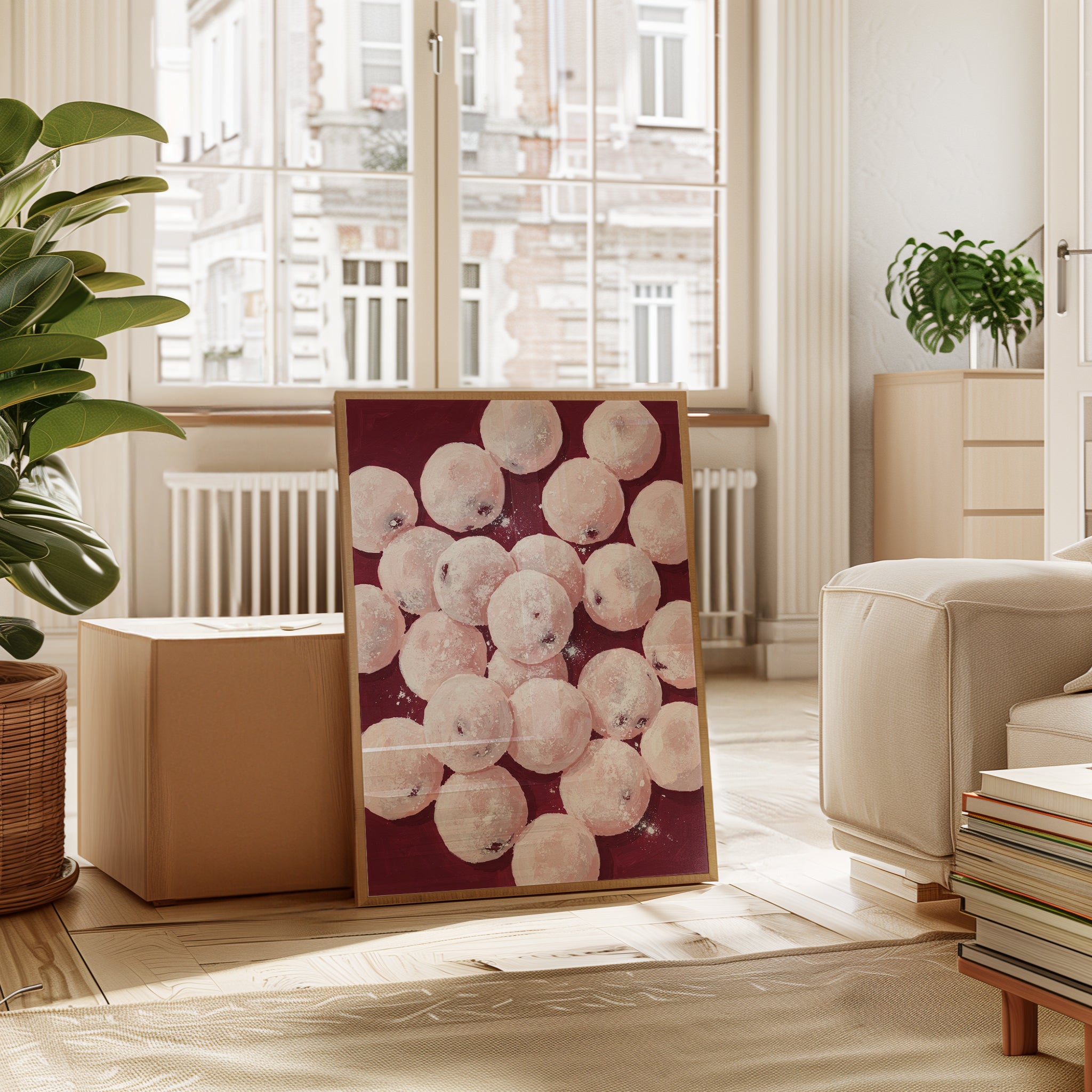 Sugar Dusted Donuts Wall Art: Pink and Burgundy Food Photography - interior